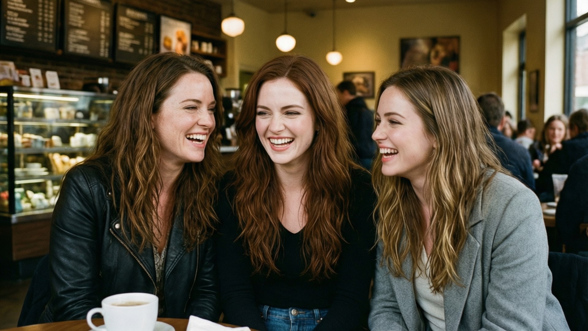 Friendship Coffee 壁紙 — 三位女士在舒適的咖啡館裡一起喝咖啡大笑，溫暖的燈光和身後陳列的糕點。