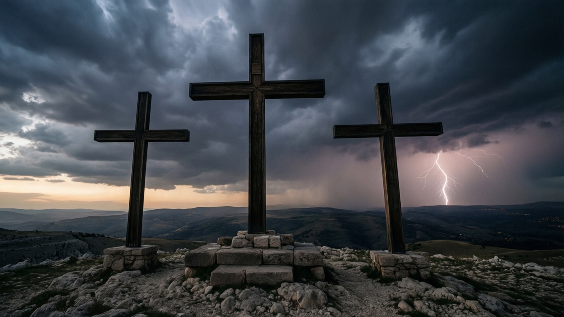 Golgotha Storm 壁紙 — 三個木製十字架莊嚴地矗立在岩石山上，一道戲劇性的閃電劃破暴風雨的黃昏天空。