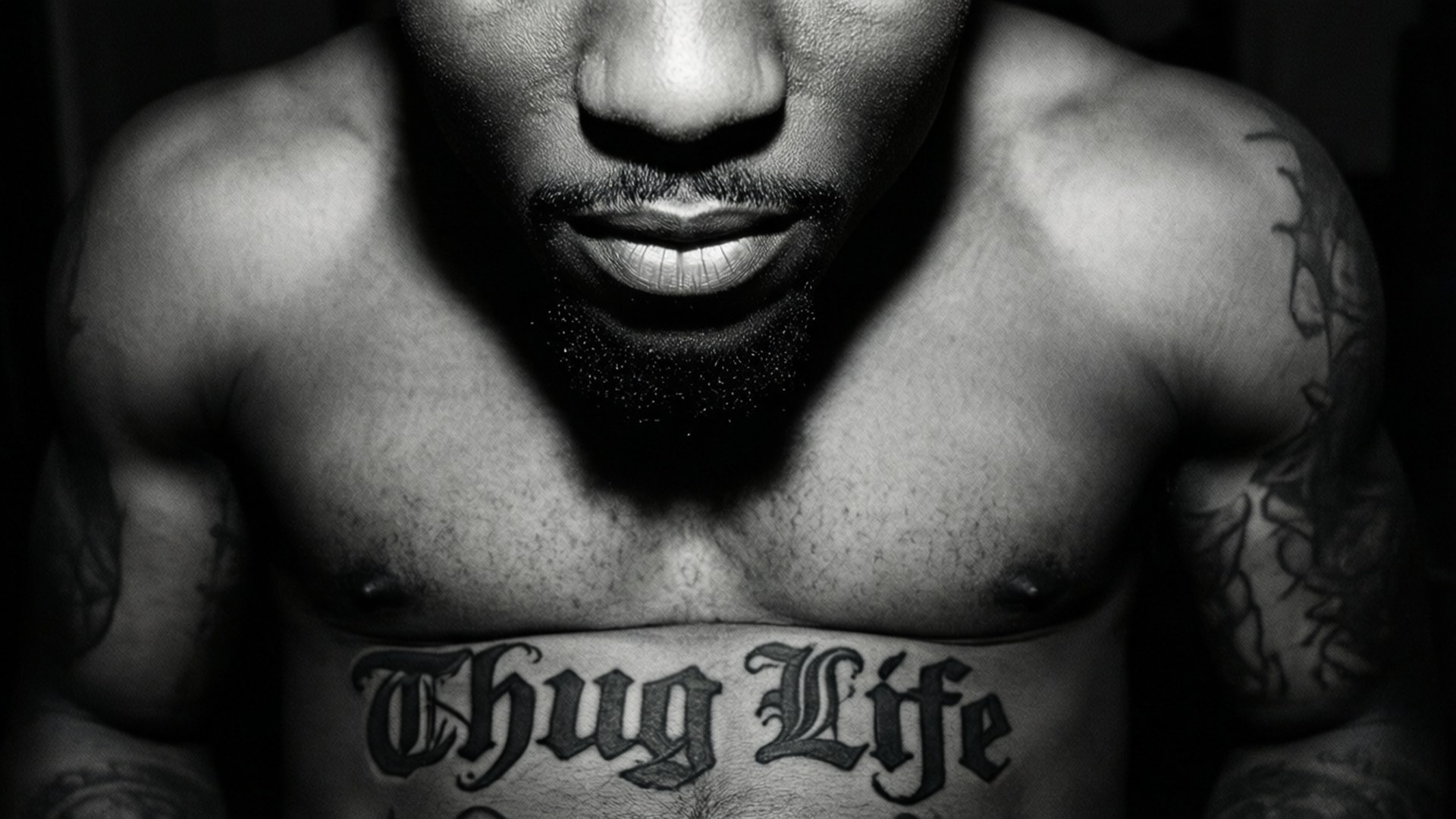 Thug Life 刺青特寫 壁紙 — 一個黑白特寫，顯示一個有鬍鬚和刺青的肌肉男，胸口有 'Thug Life' 字樣。