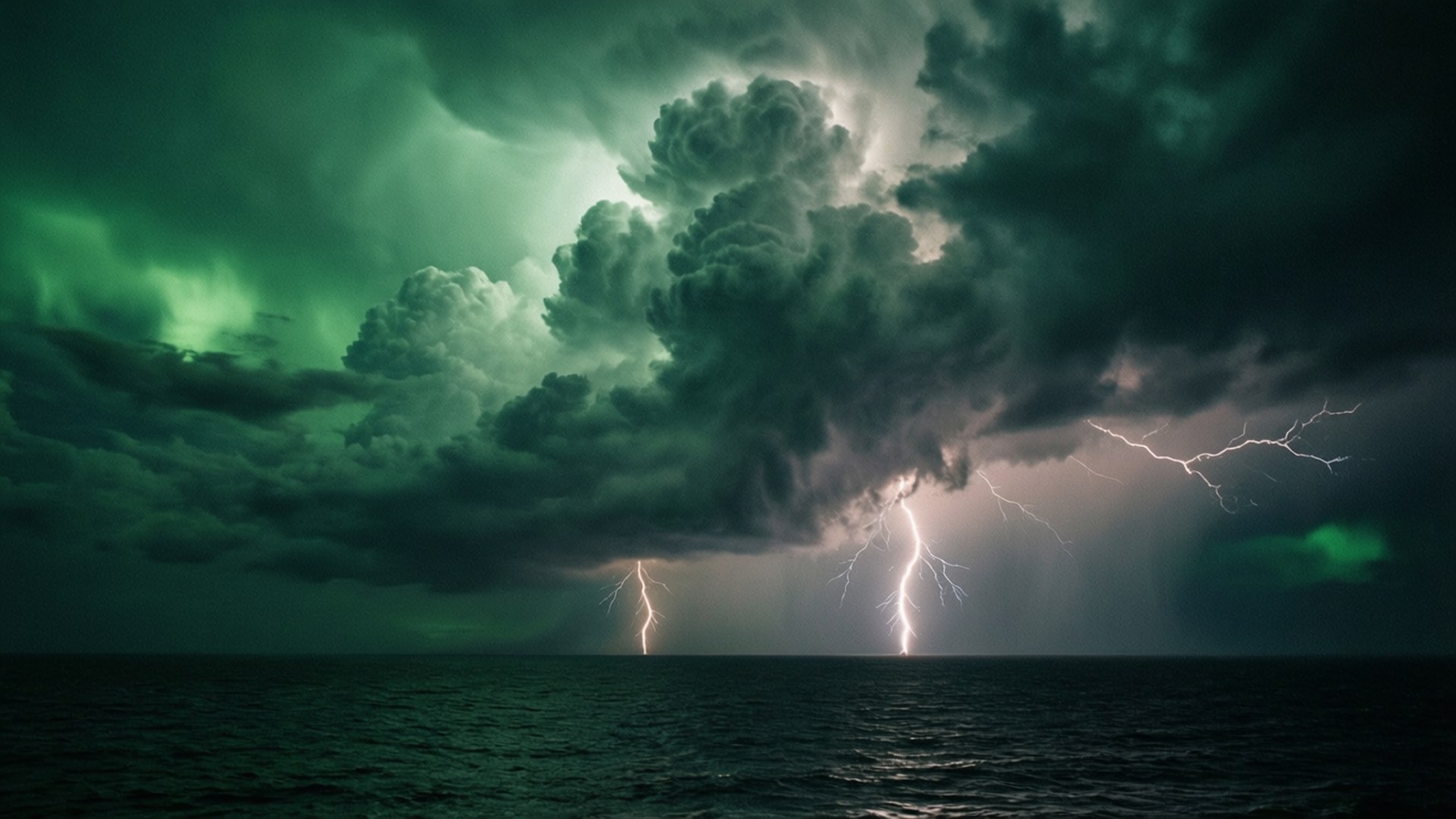 Stormy Ocean Green Lightning 壁紙 — 雷鳴般的綠色風暴雲在黑暗翻騰的海洋上空閃電劈啪作響。