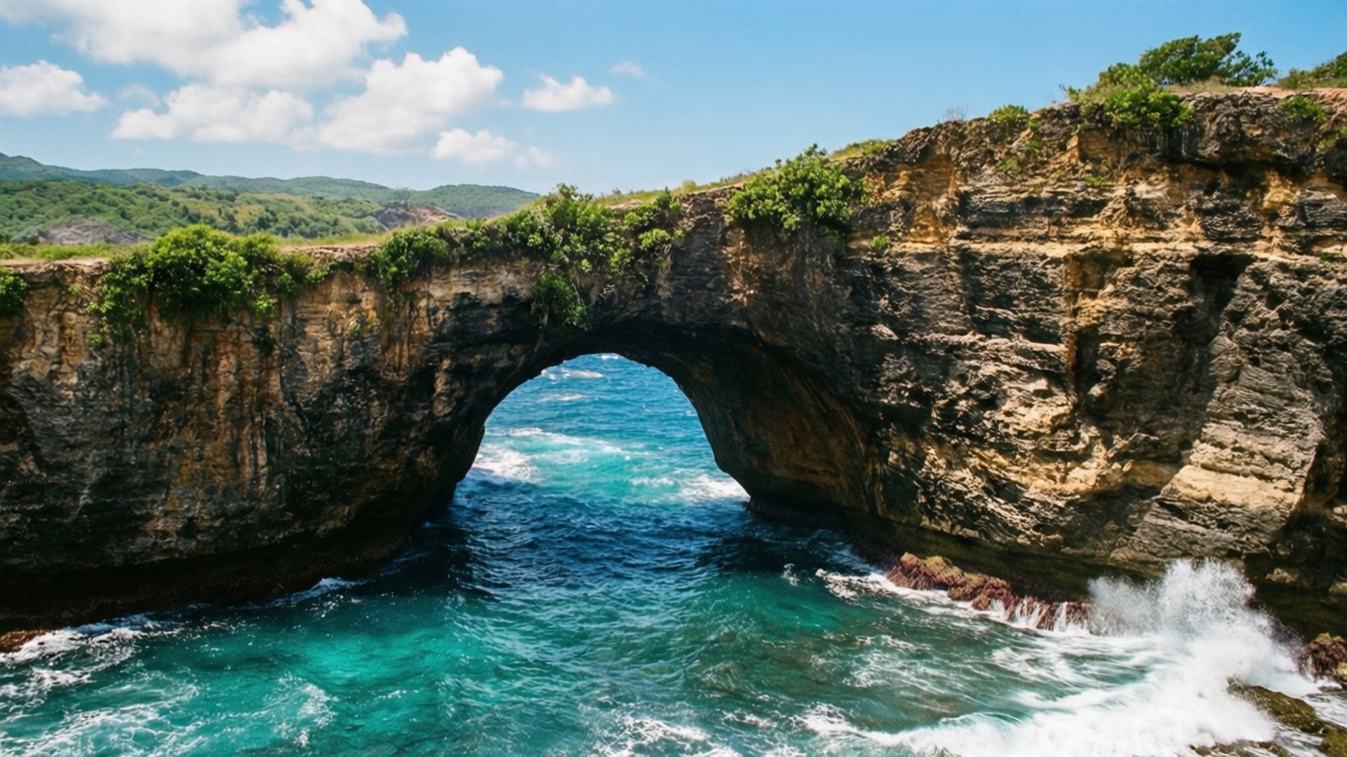 Rock Arch Over Turquoise Sea 壁紙 — 一個被海水侵蝕而成的天然石拱門，框住了在明亮藍天下拍打著崎嶇懸崖的碧綠海水。