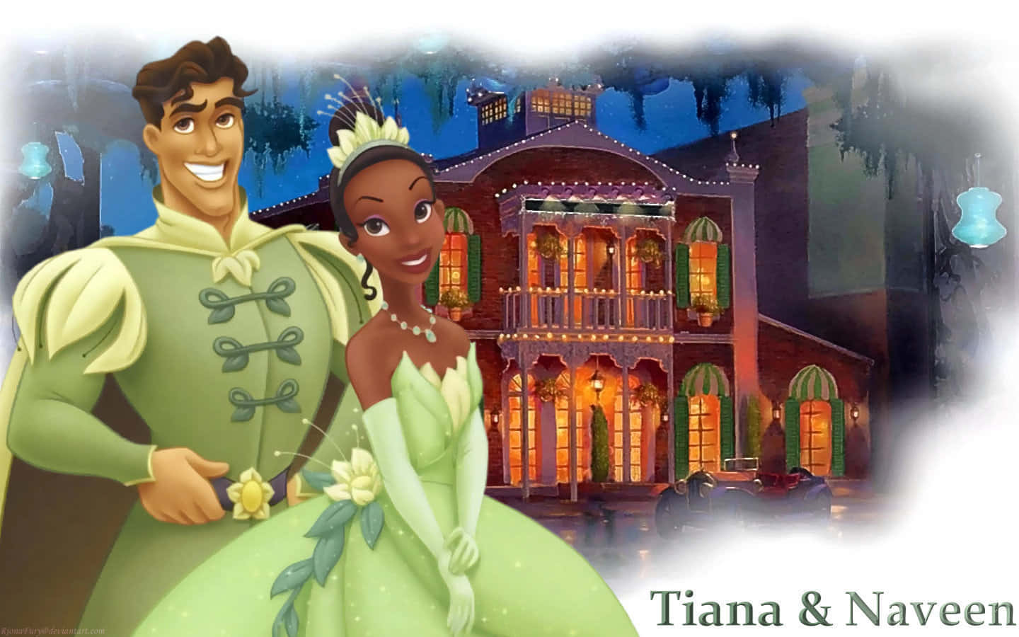 princess and the frog 桌布 壁紙 — Tiana 和 Naveen 在霧氣瀰漫的夜空下，站在一棟溫暖燈光照亮的路易斯安那風格大宅前微笑。