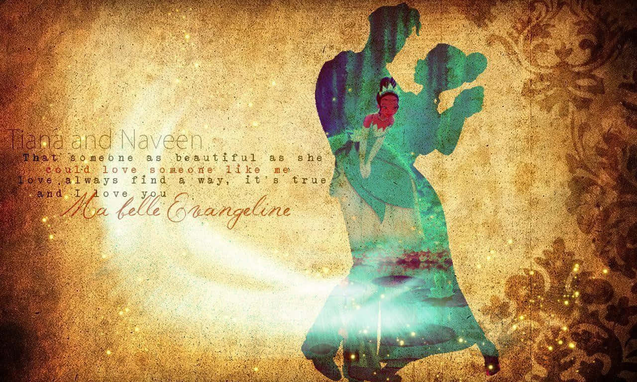 Princess Tiana 桌布 壁紙 — Tiana 和 Naveen 在帶有紋理的金色背景上，以浪漫剪影跳舞，背景中閃爍著發光粒子並帶有復古裝飾圖案。