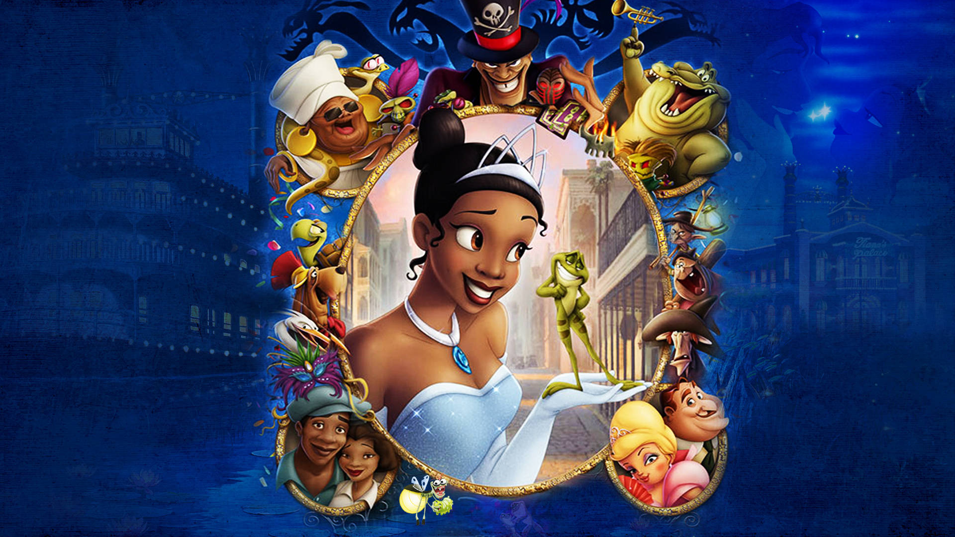 Princess 桌布 壁紙 — Tiana 穿著藍色禮服微笑，被動畫角色包圍在金色畫框中，背景是深藍色城市景觀。