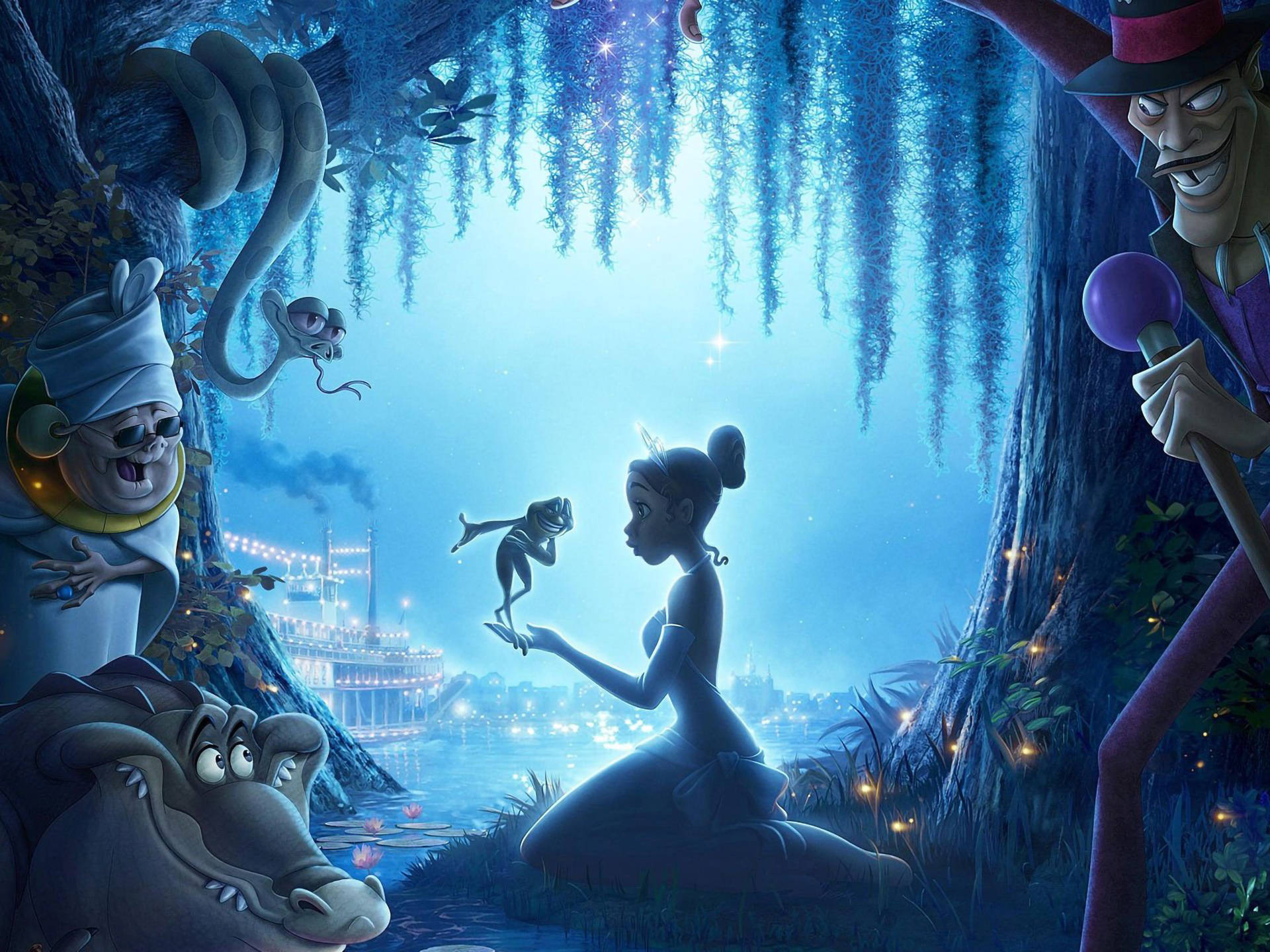 Princess 桌布 壁紙 — Tiana 跪在發光的沼澤洞穴中，螢火蟲在她周圍飛舞，沼澤生物看著她與青蛙互動。