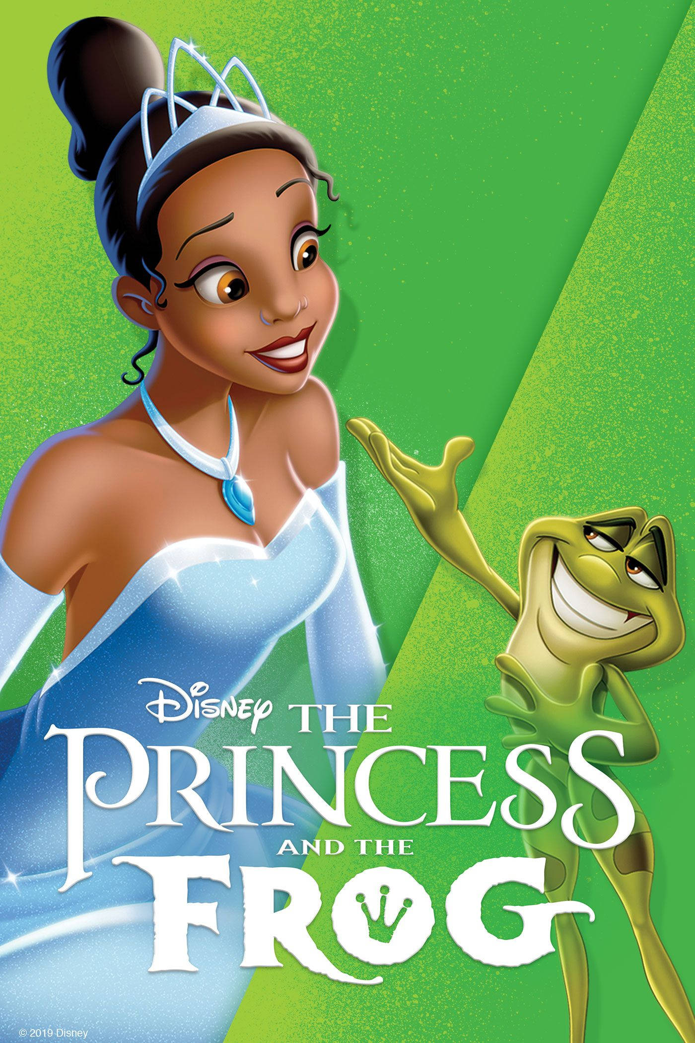 Princess 桌布 壁紙 — Tiana 身穿藍色禮服與青蛙王子在充滿活力的綠色背景上愉快地揮手，並帶有迪士尼標題。