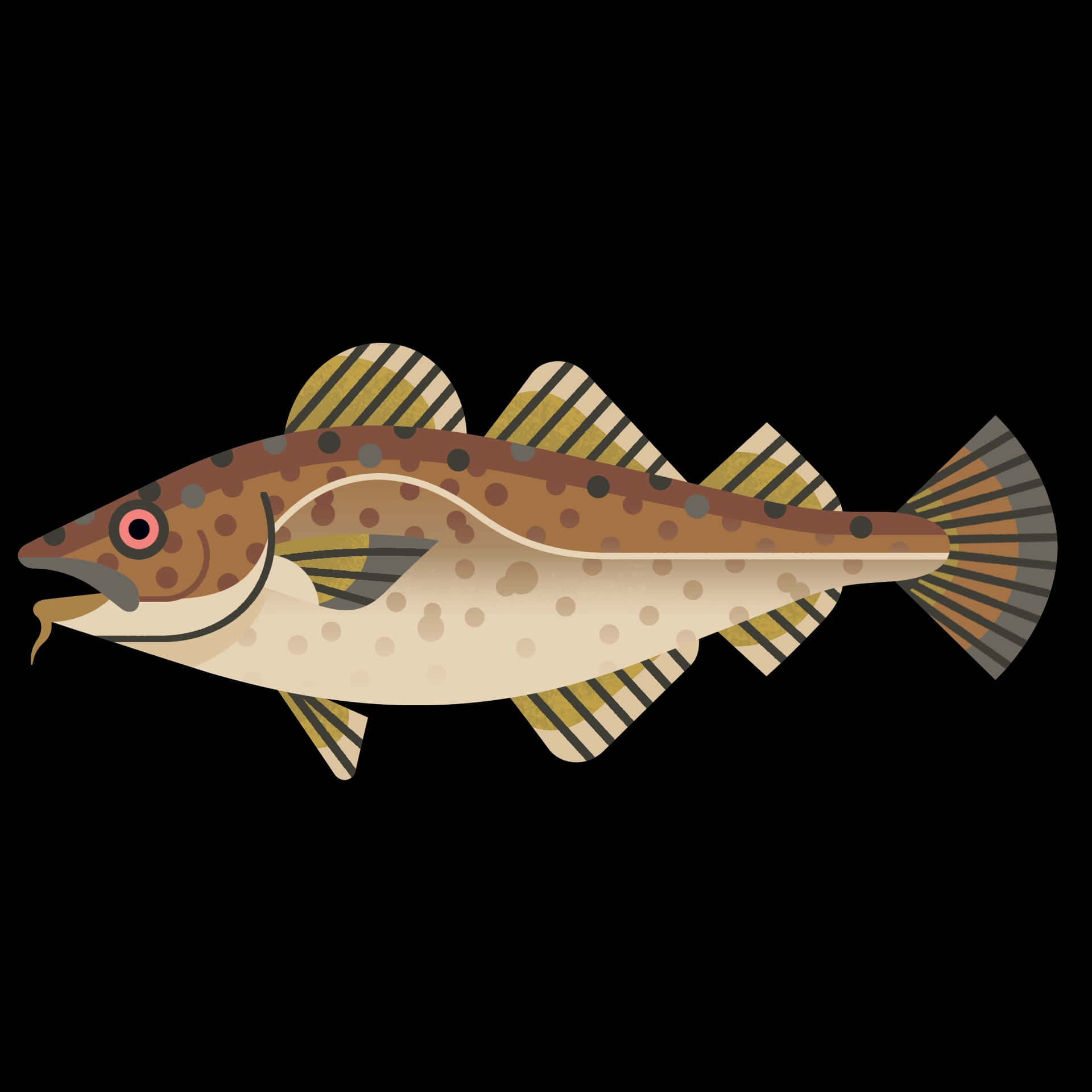  壁紙 — 一條斑點魚的風格化插圖，魚鰭帶有條紋，背景為純黑色。