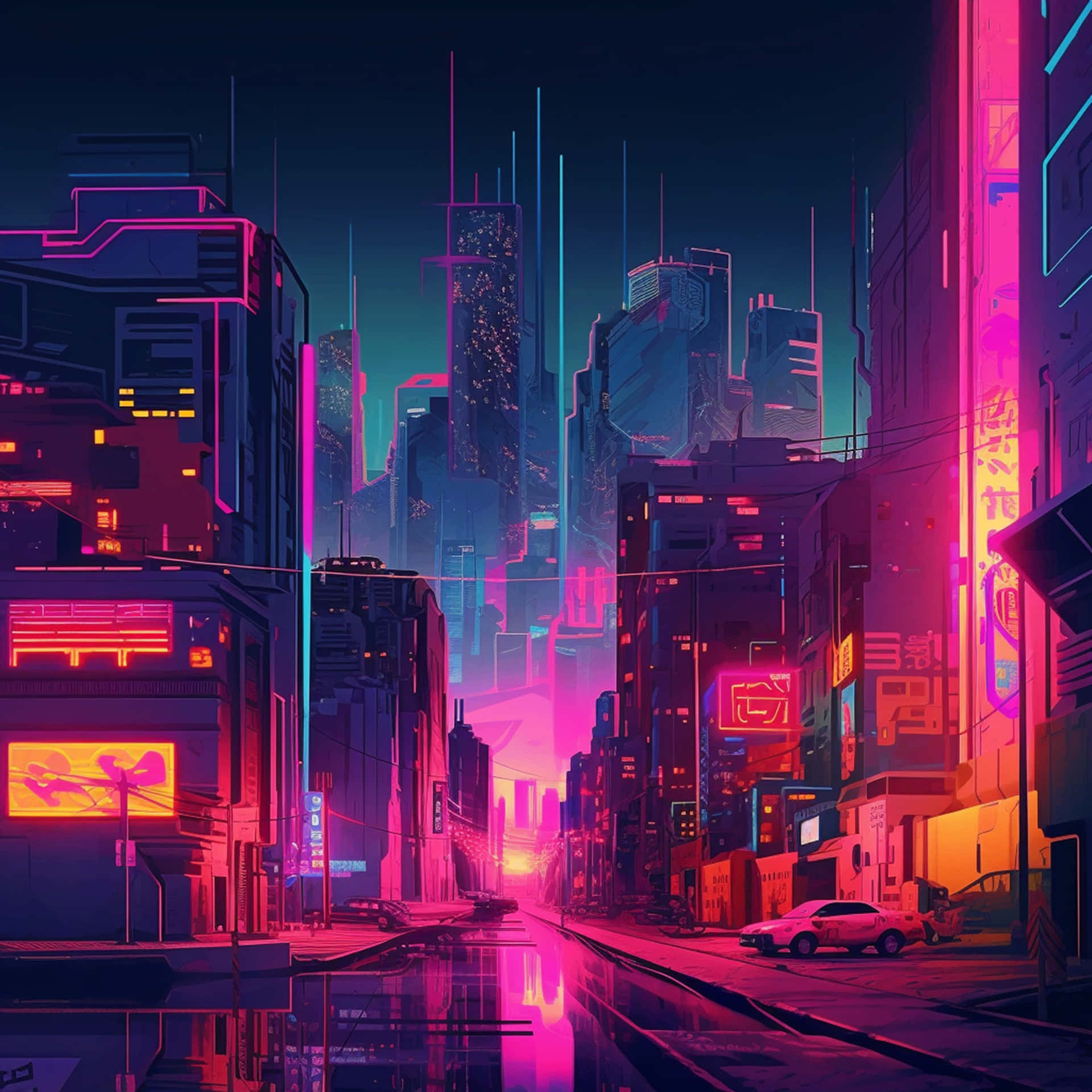  壁紙 — 一條充滿霓虹燈的賽博龐克城市街道，夜晚高聳的摩天大樓在潮濕的路面上反射出鮮豔的粉紅色和青色燈光。