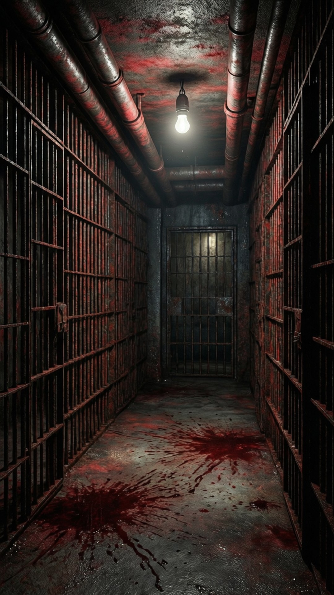 Otherworld Jail Cells 壁紙 — 一條燈光昏暗的監獄走廊，生鏽的鐵欄杆，地板上有血跡，頭頂有管道。