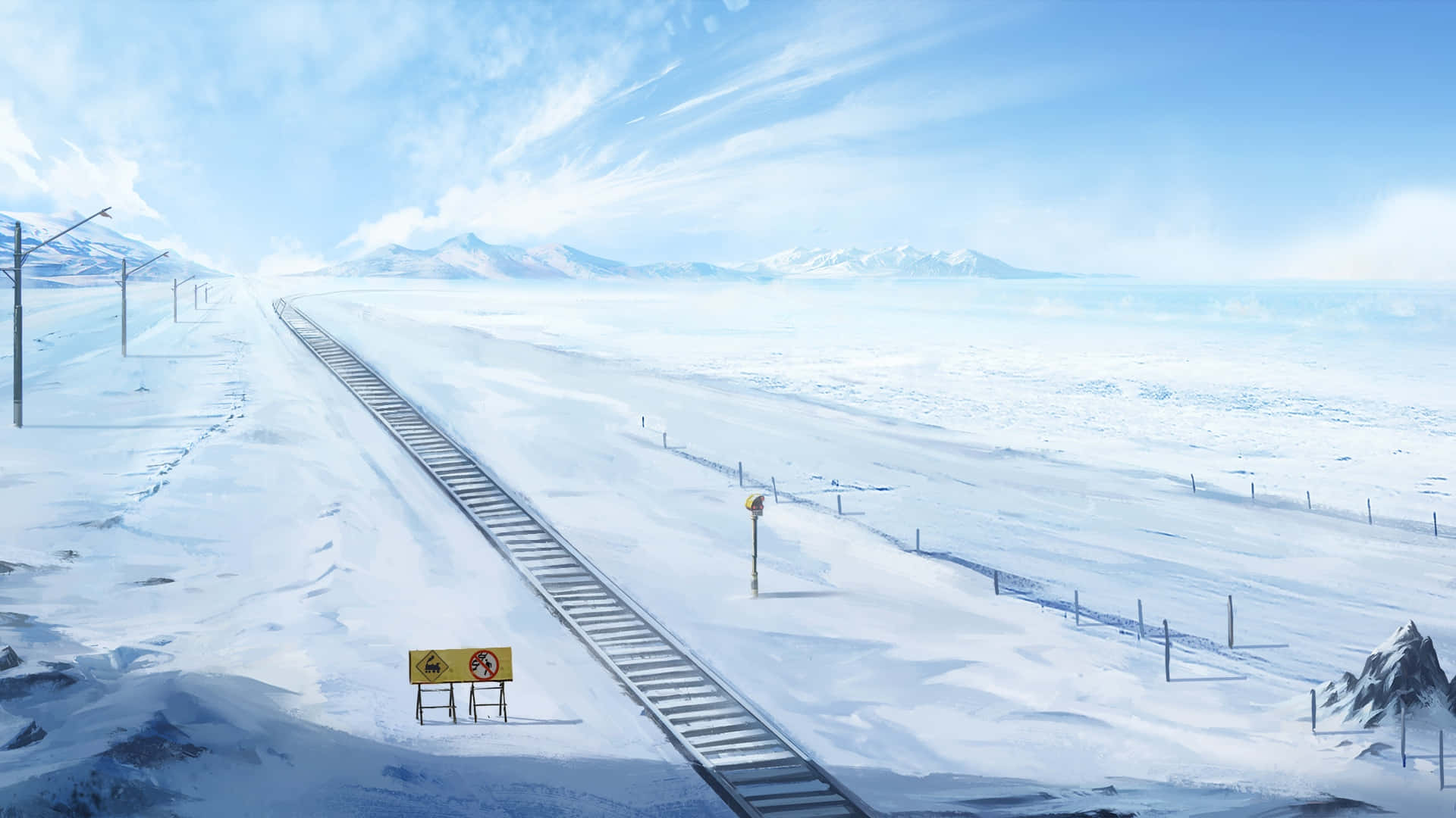  壁紙 — 一條孤獨的鐵路軌道被雪覆蓋，延伸至廣闊的冰凍平原，上方是明亮的藍天，遠處有積雪的山峰。