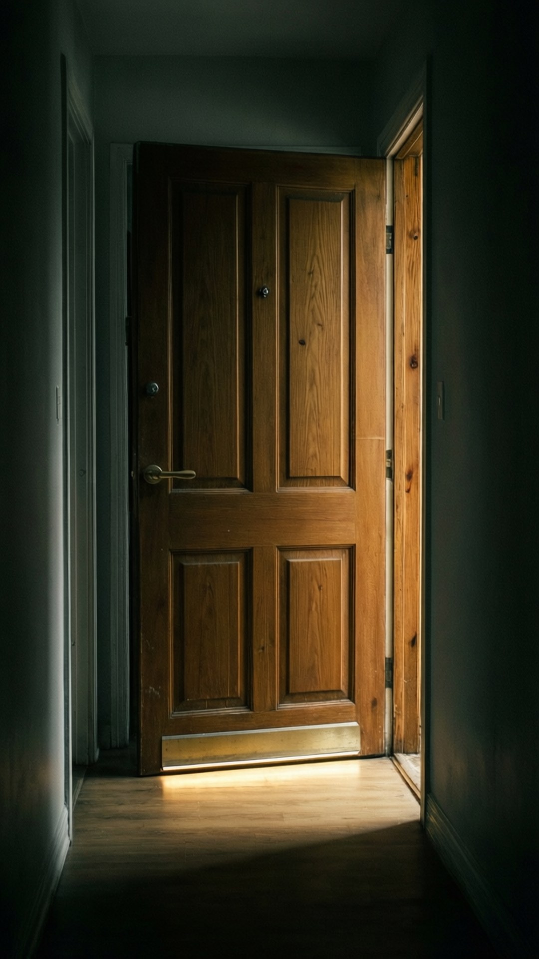 Light Under Door 壁紙 — 一條昏暗走廊盡頭的木門半掩，將溫暖的光線投射到地板上，並露出另一個房間的一角。