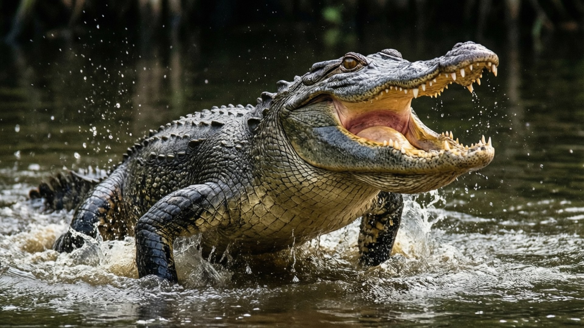 Predatory Alligator Lunge 壁紙 — 一條強大的鱷魚從渾濁的水中衝出，張開大嘴，在沼澤叢林環境中噴出水滴。