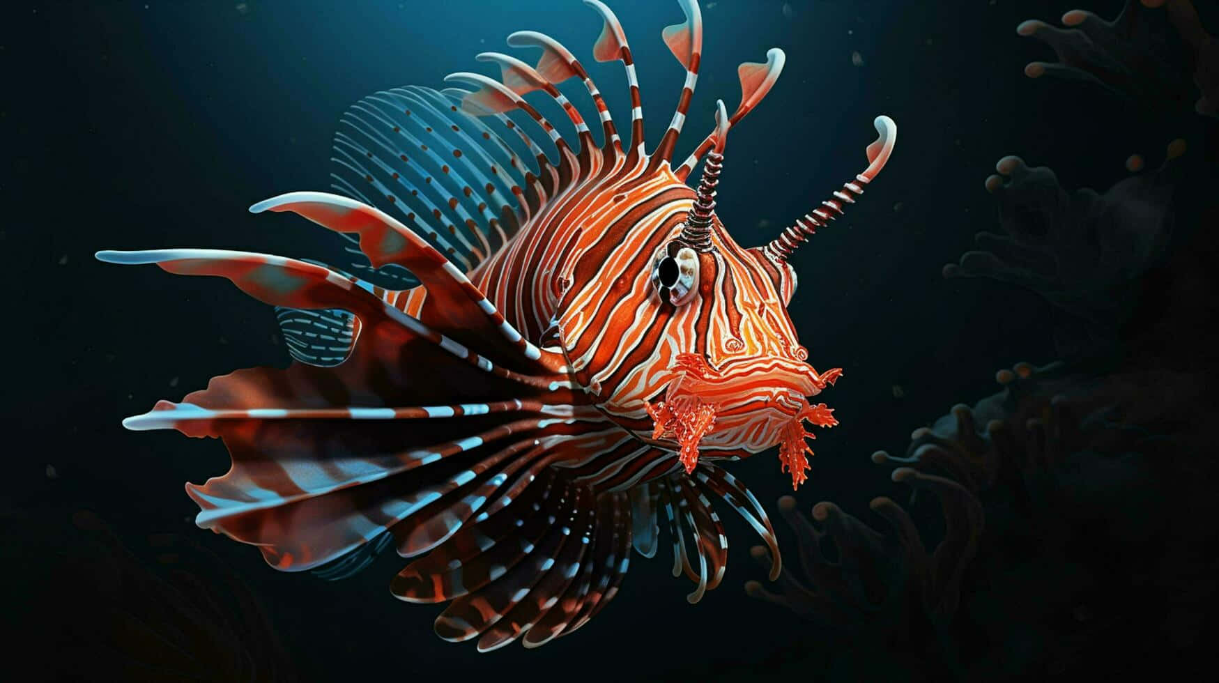  壁紙 — 一條色彩鮮豔的獅子魚，帶有橙色和白色條紋，在珊瑚群附近的黑暗海洋水域中滑行。