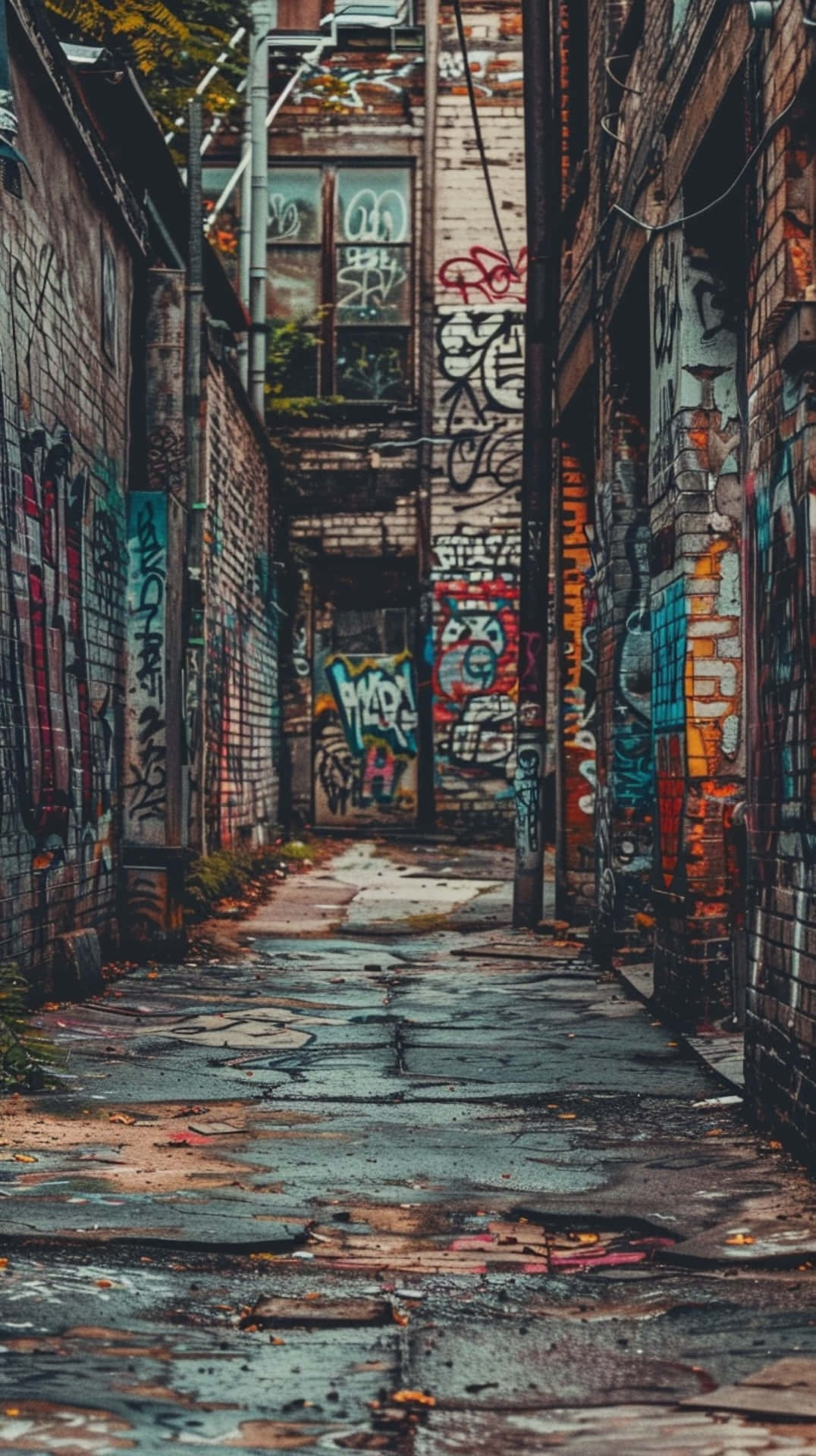  壁紙 — 一條狹窄潮濕的小巷，位於磚砌建築之間，牆上佈滿色彩繽紛的塗鴉，天空多雲。