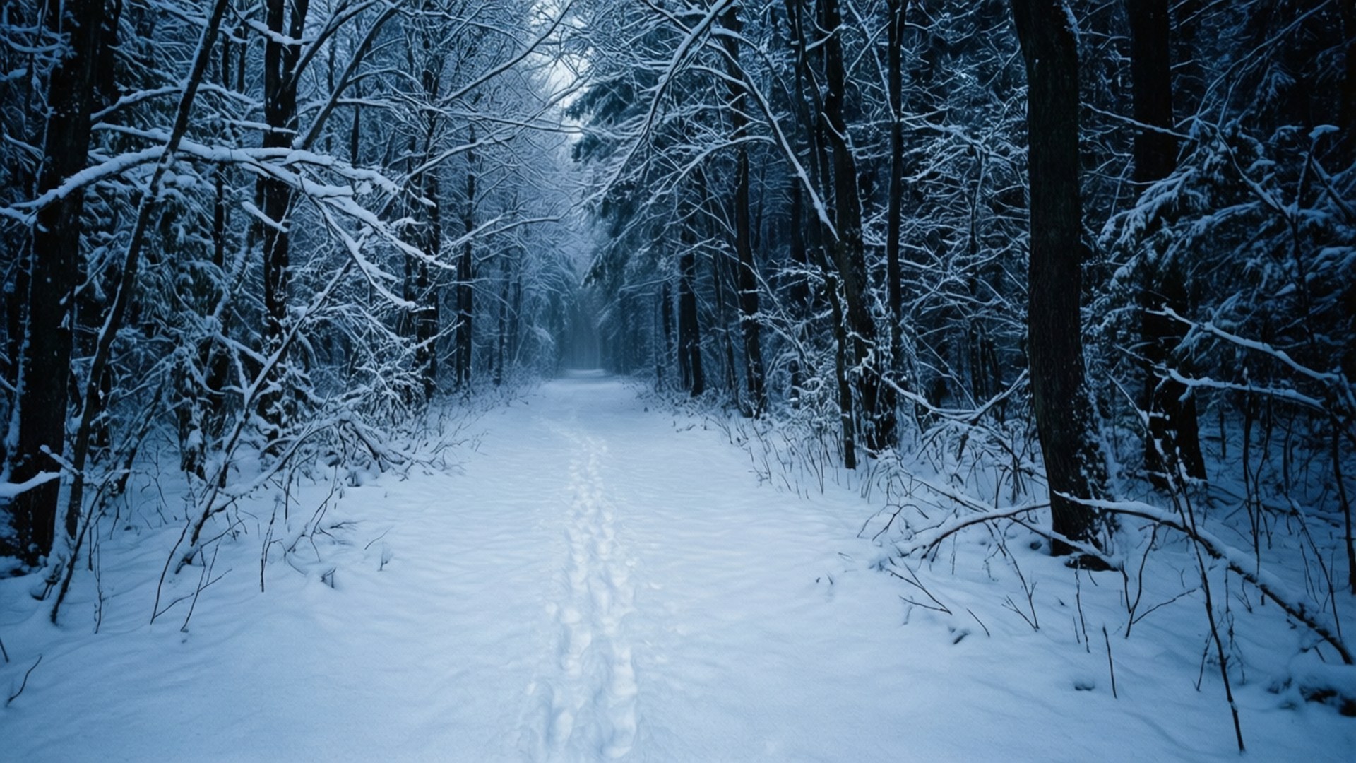 Snowy Depths of the Forest 壁紙 — 一條狹窄的雪徑蜿蜒穿過茂密的森林，樹枝上掛滿積雪，腳印通向迷濛的藍色遠方。