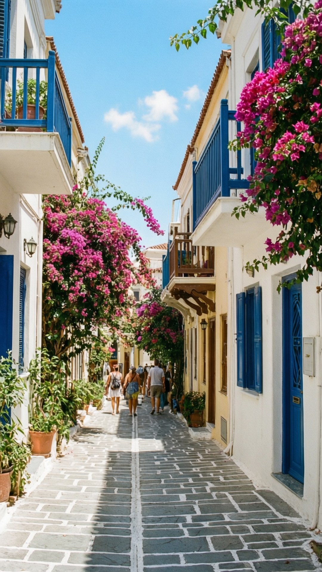 Plaka Alley Bloom 壁紙 — 一條陽光普照的鵝卵石小巷，兩旁是白色建築、藍色百葉窗和層層疊疊的粉紅色九重葛。