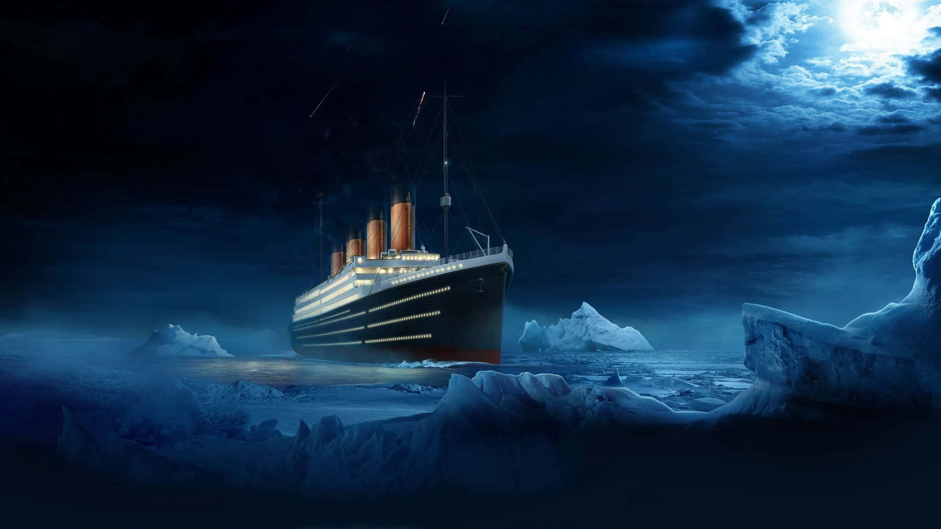 Titanic Wreck 桌布 壁紙 — 鐵達尼號在月光照耀的天空下行駛於冰冷水域，附近有參差不齊的冰山。