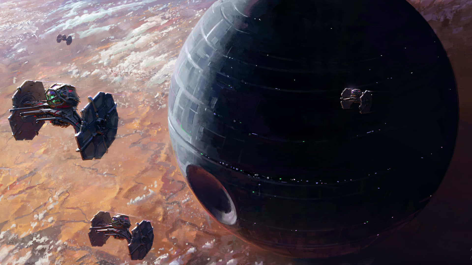  壁紙 — TIE 戰機在沙漠星球上空圍繞著不祥的死星盤旋，雲層翻湧。