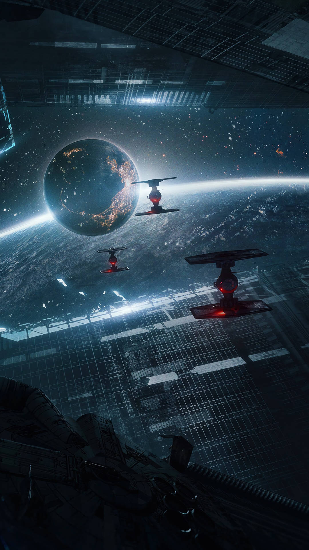 TIE 戰機在太空站內飛越行星。 — 外太空 GIF 壁紙