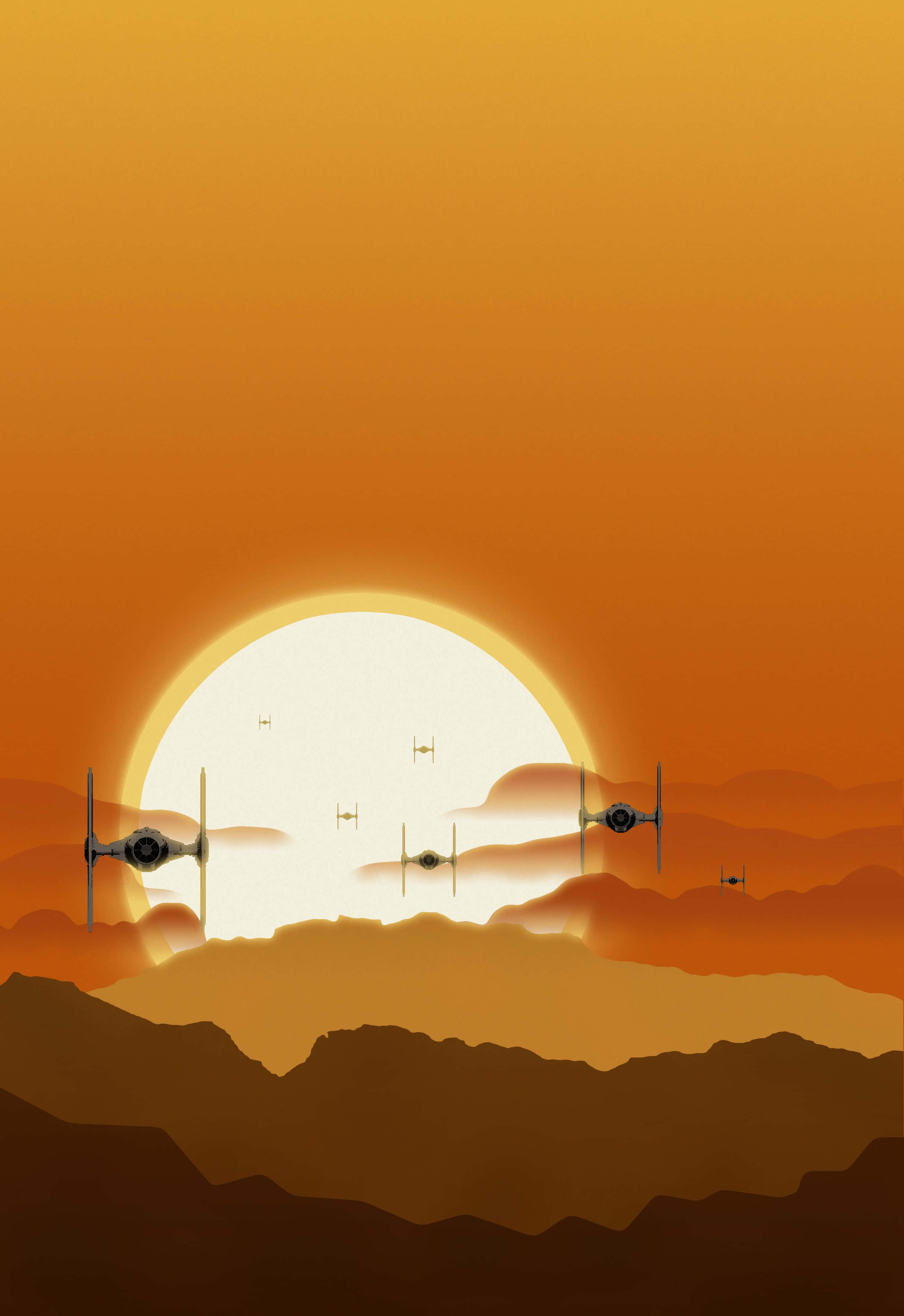 Tatooine 桌布 壁紙 — TIE 戰機在風格化的科幻場景中，在層疊的沙漠山脈上空，映襯著熾熱的橙色日落翱翔。