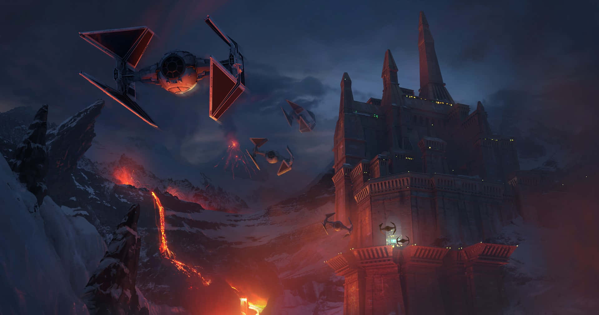 Mustafar 桌布 壁紙 — TIE 戰鬥機在白雪覆蓋的山頂堡壘上空翱翔，下方火山熔岩在黑暗的暮色天空下噴發。