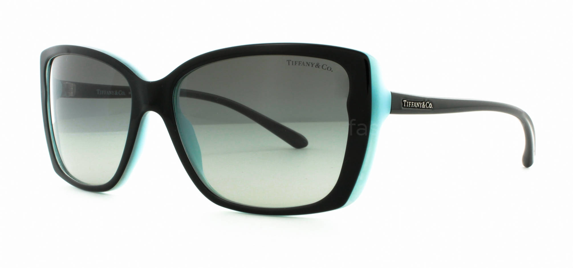 Sunglasses 桌布 壁紙 — Tiffany & Co. 太陽眼鏡，黑色鏡框搭配綠松石色點綴，白色背景。