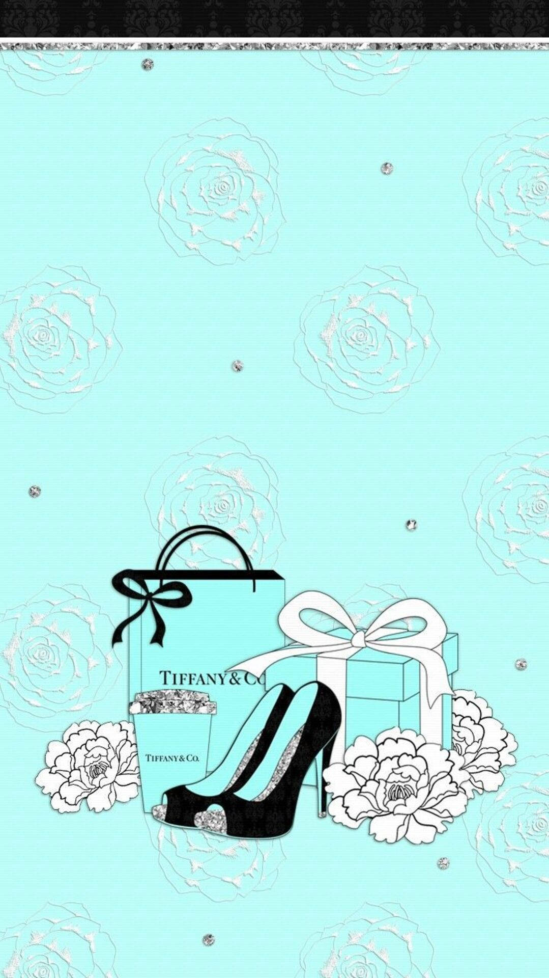 tiffany 桌布 壁紙 — Tiffany 藍色背景，白色玫瑰和閃亮水鑽環繞著黑色高跟鞋和品牌禮盒。
