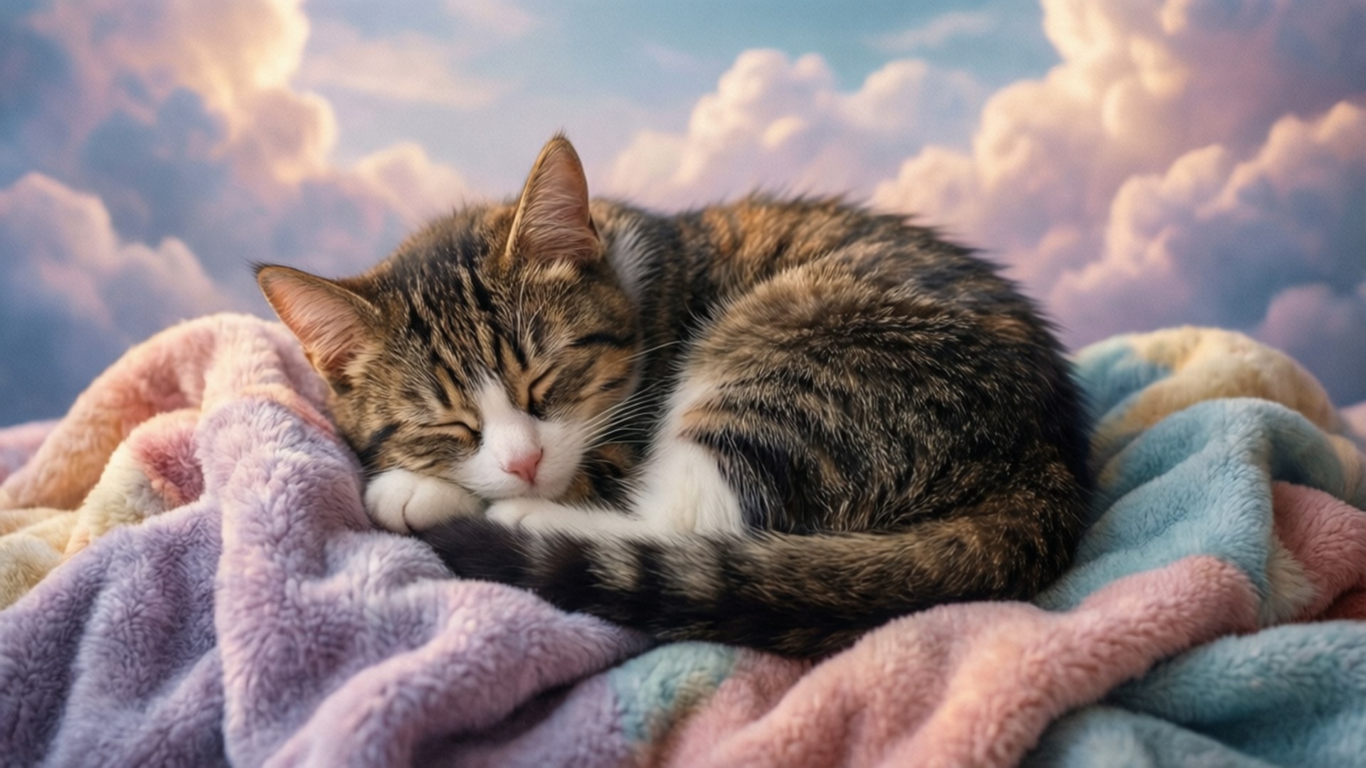 Sleeping Cat on Blankets 壁紙 — 一隻虎斑貓在夢幻天空背景下蜷縮在柔軟的粉彩毯子上睡覺。