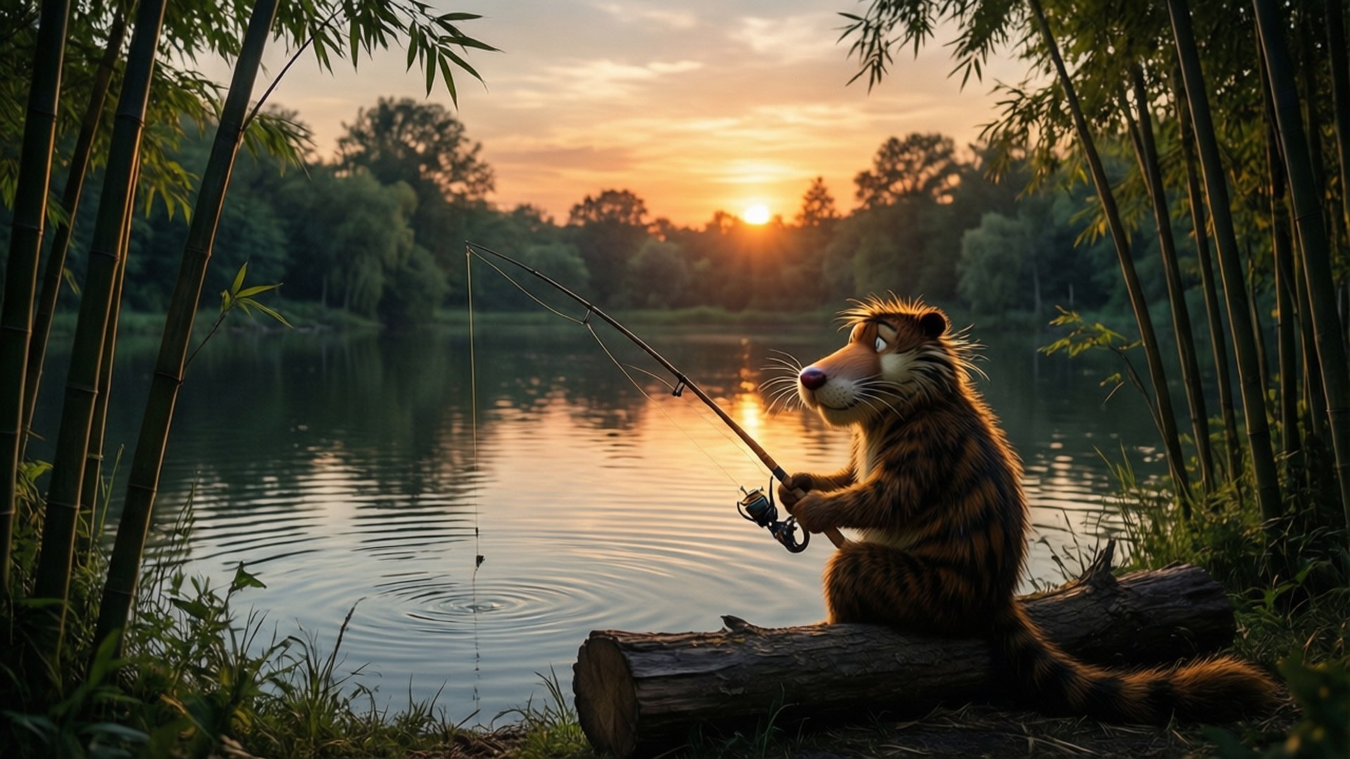 Quiet Fishing Trip 壁紙 — 一隻老虎在日落時分平靜地坐在寧靜湖邊的木頭上，將魚竿拋入被竹子環繞的水中。