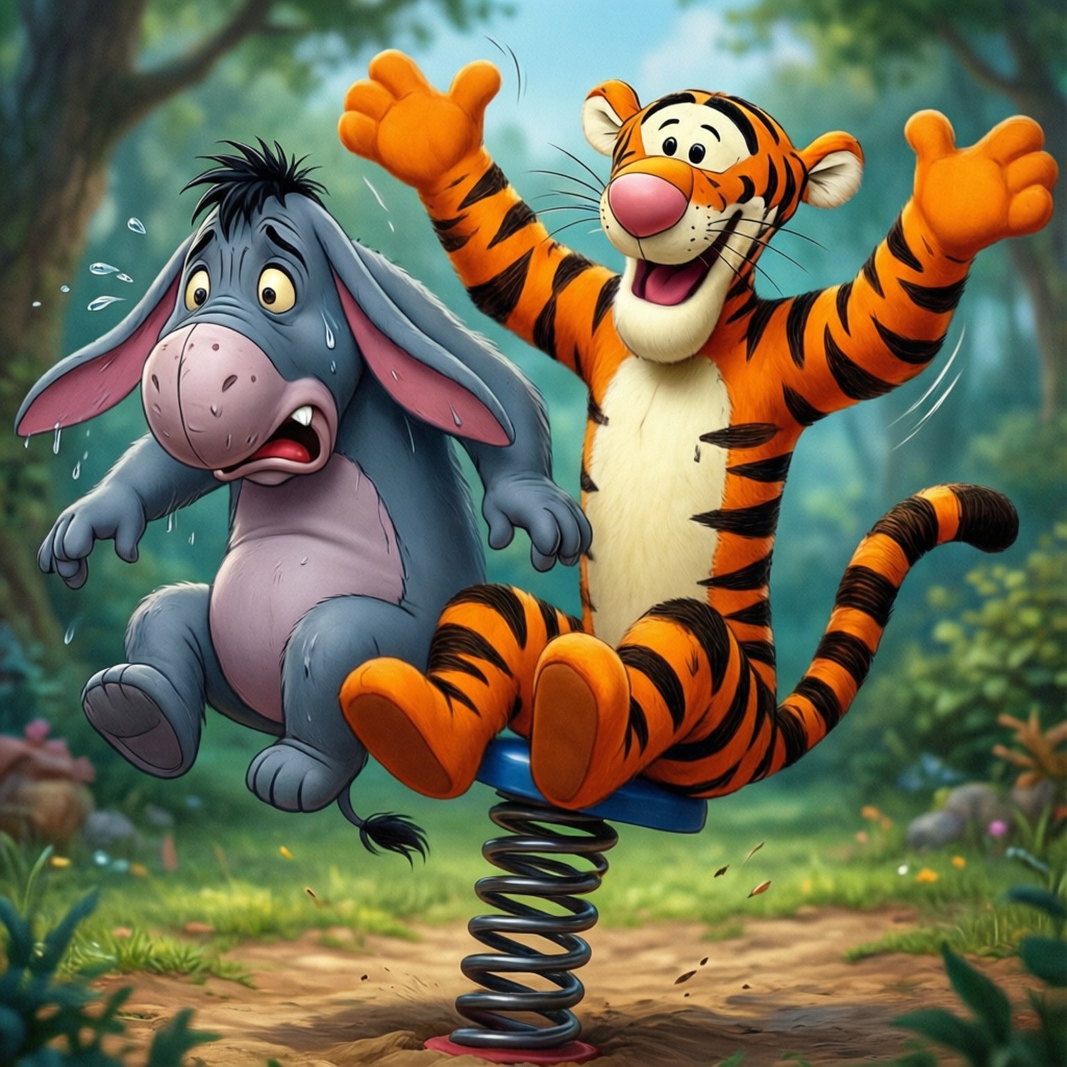 Bouncy Duo 壁紙 — Tigger 在彈簧上開心跳躍，而Eeyore在茂密森林中顯得驚慌且濕透。