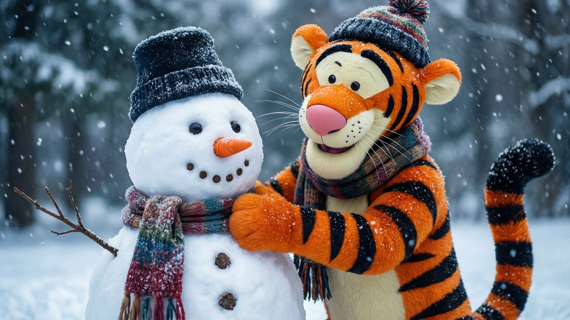 Winter Play 壁紙 — Tigger 戴著針織帽和圍巾，在雪地森林中溫暖地擁抱一個有胡蘿蔔鼻子和鈕扣眼睛的雪人。