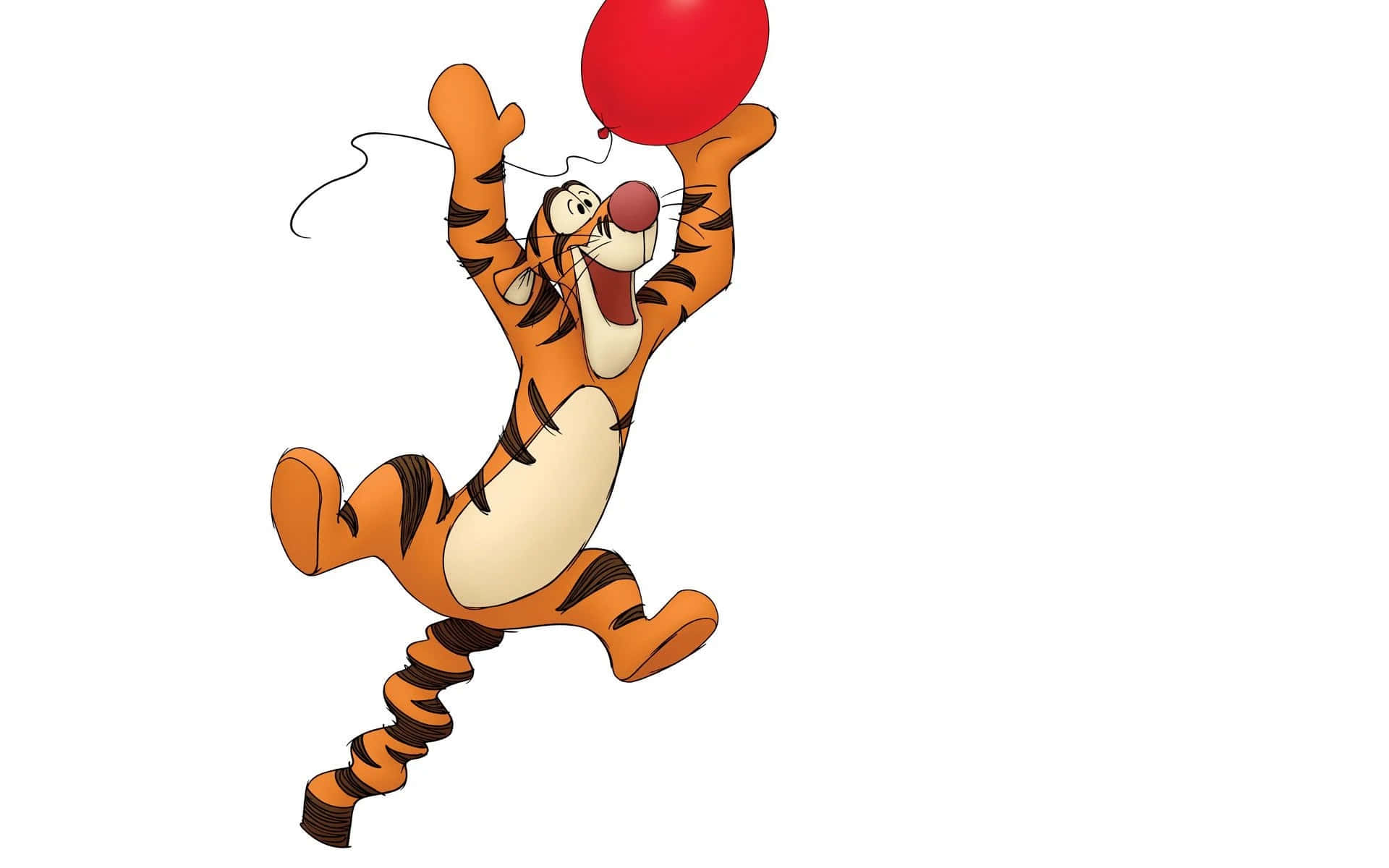 winnie the pooh 桌布 壁紙 — Tigger 在純白色背景前開心地跳躍，手持一個紅色氣球。