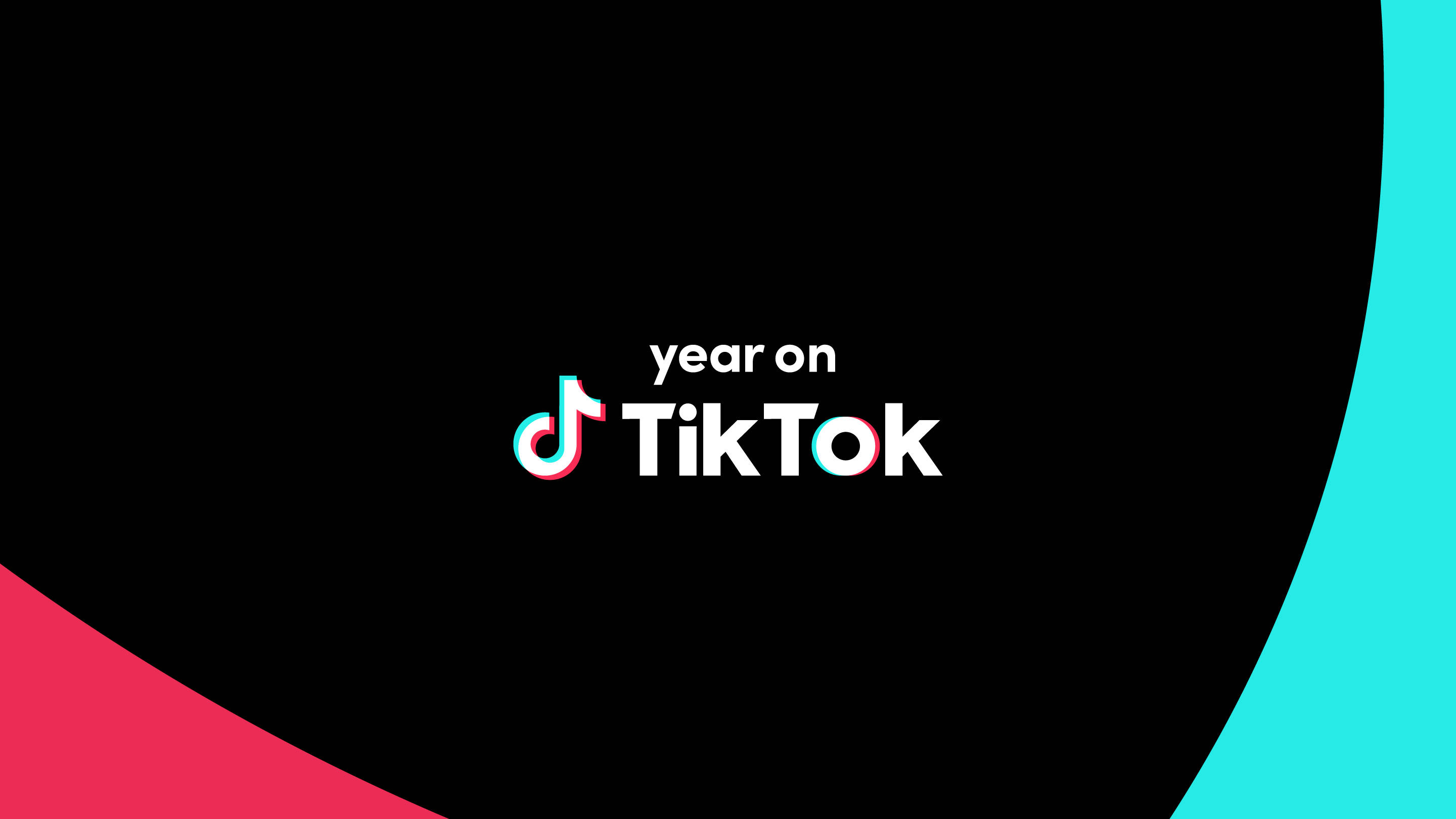 TikTok 動圖 桌布 壁紙 — TikTok 標誌，中央有「year on」文字，黑色背景上帶有醒目的粉紅色和青色曲線裝飾。
