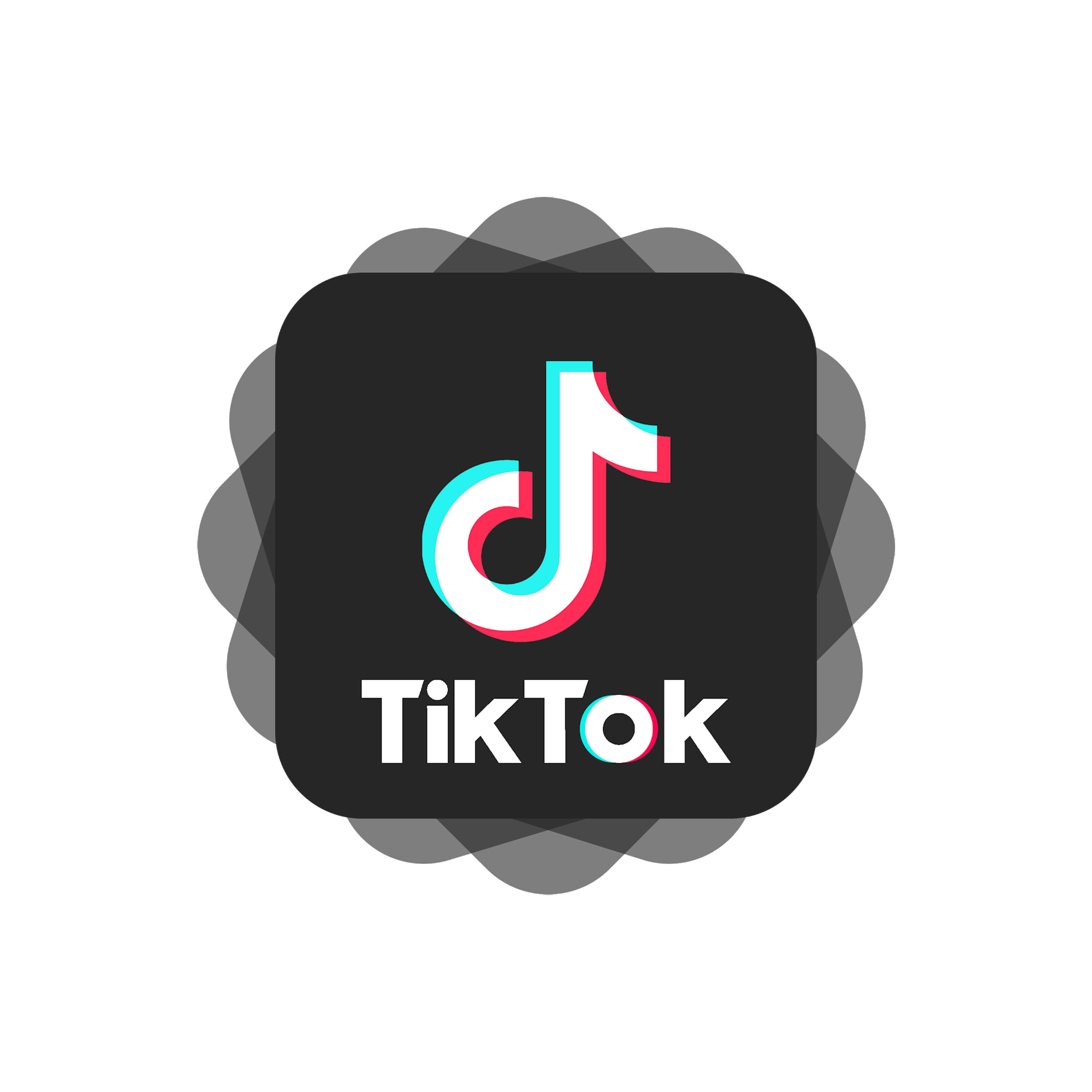 TikTok 動圖 桌布 壁紙 — TikTok 標誌，帶有彩色音符圖示，位於黑色圓角正方形上，背景為灰色抽象背景。