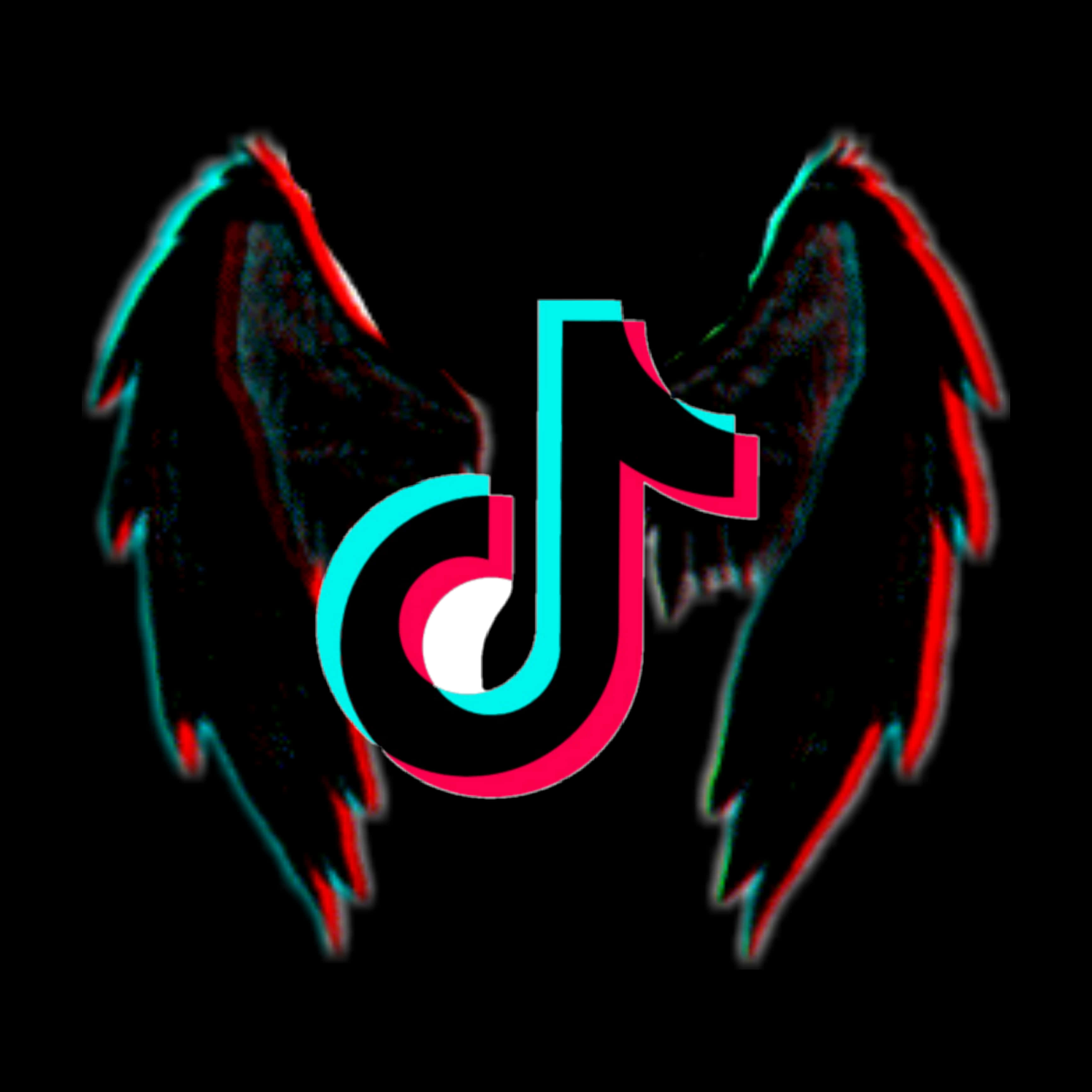 TikTok Symbol 桌布 壁紙 — TikTok 標誌，帶有發光的紅色和青色翅膀，黑色背景，具有3D立體效果。
