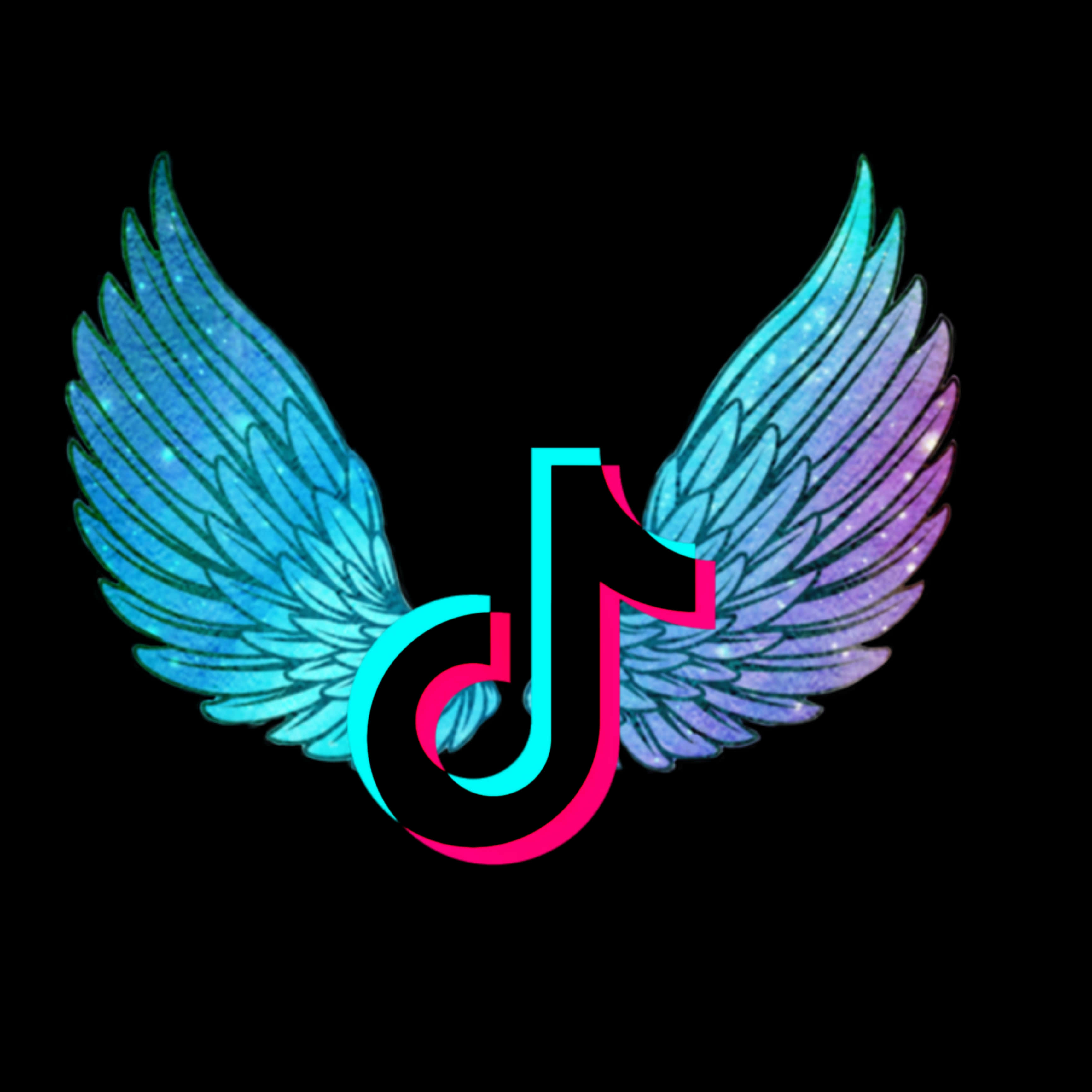 TikTok Logo 桌布 壁紙 — TikTok 標誌，帶有發光的藍色和紫色翅膀，背景為黑色。