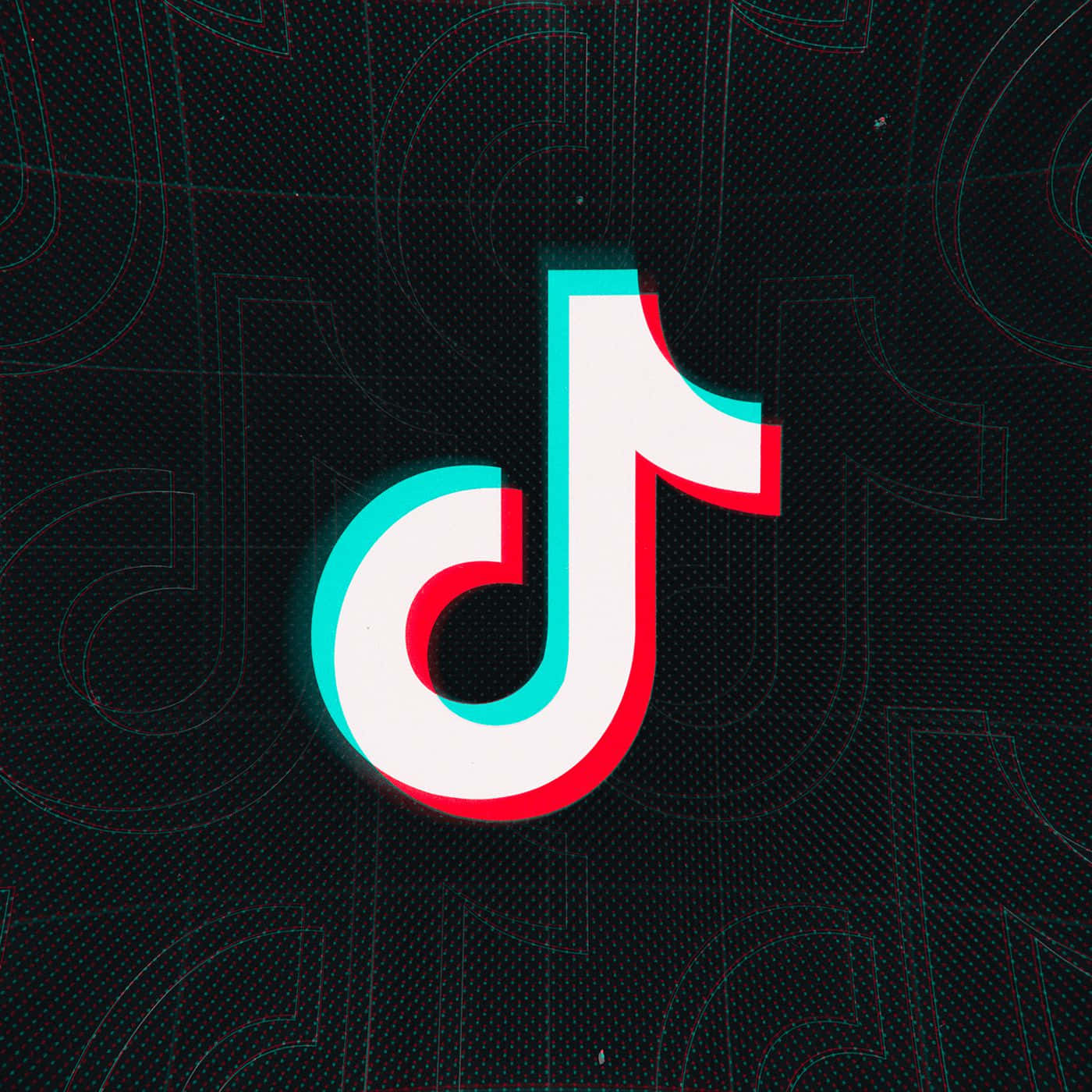 TikTok 動圖 桌布 壁紙 — TikTok 標誌，帶有紅色和藍綠色3D故障效果，背景為深色紋理，帶有模糊的重複輪廓。