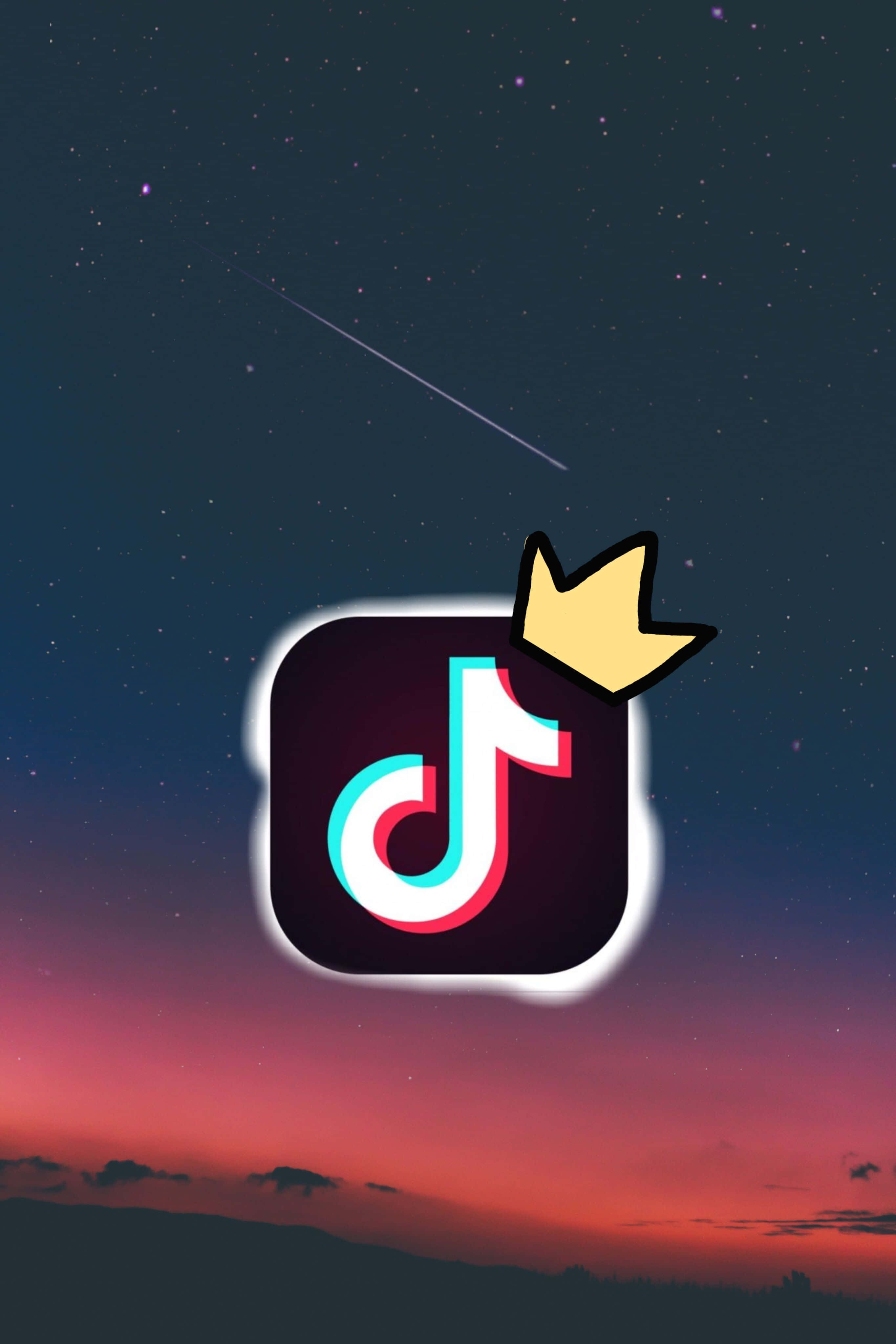 TikTok Logo 桌布 壁紙 — TikTok 標誌，皇冠在帶有粉紅色和紫色星星的暮色天空中發光。