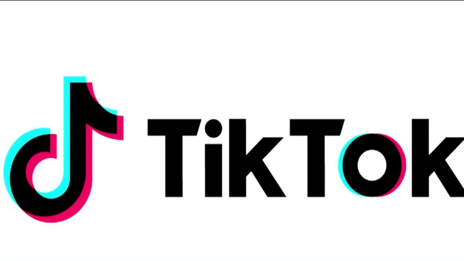 TikTok Logo 桌布 壁紙 — TikTok 標誌，黑色文字，青色和洋紅色的音符圖示，白色背景。
