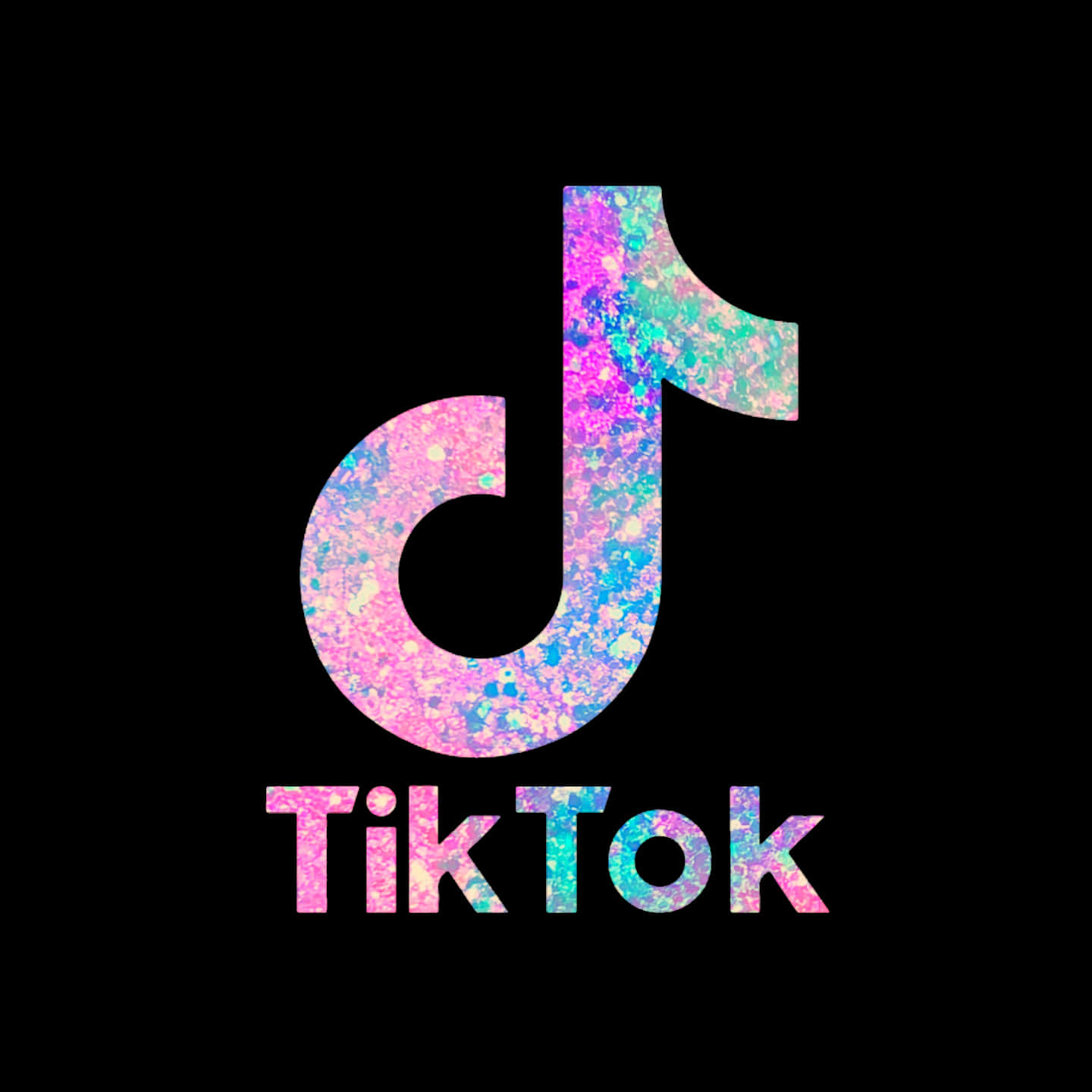 TikTok Logo 桌布 壁紙 — TikTok 標誌，黑色背景上帶有閃閃發光的粉紅色和藍色閃光。