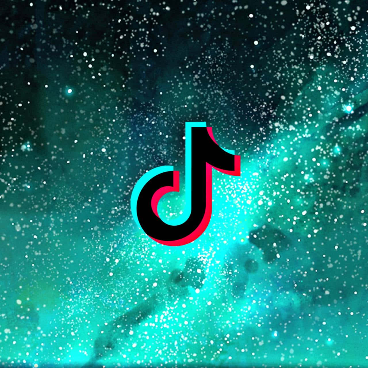 TikTok 動圖 桌布 壁紙 — TikTok 標誌以紅色和青色輪廓發光，背景是閃爍的藍綠色宇宙星雲。