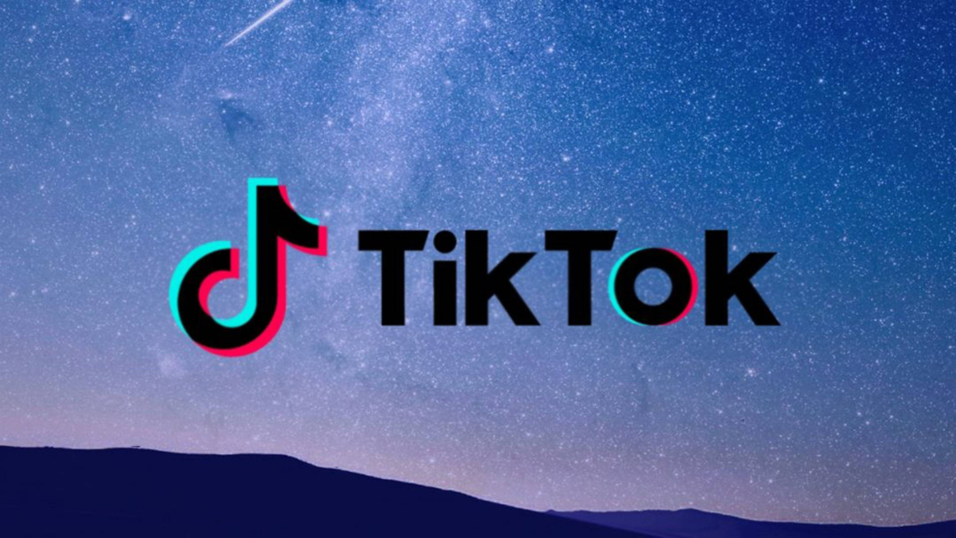 TikTok 動圖 桌布 壁紙 — TikTok 標誌在星空夜空下發光，流星劃過剪影山丘上方。