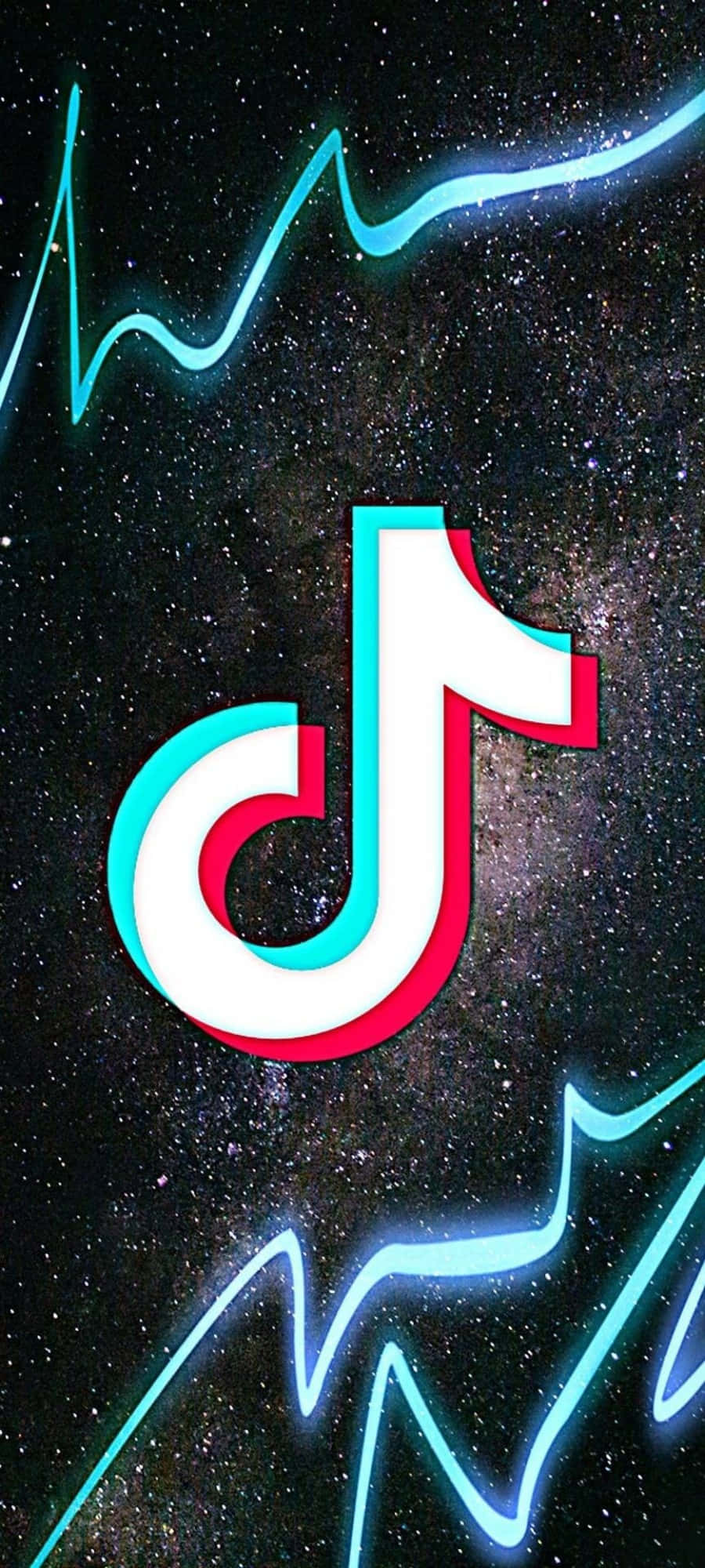 TikTok 動圖 桌布 壁紙 — TikTok 標誌在星空宇宙背景下發光，帶有霓虹藍色能量線條。