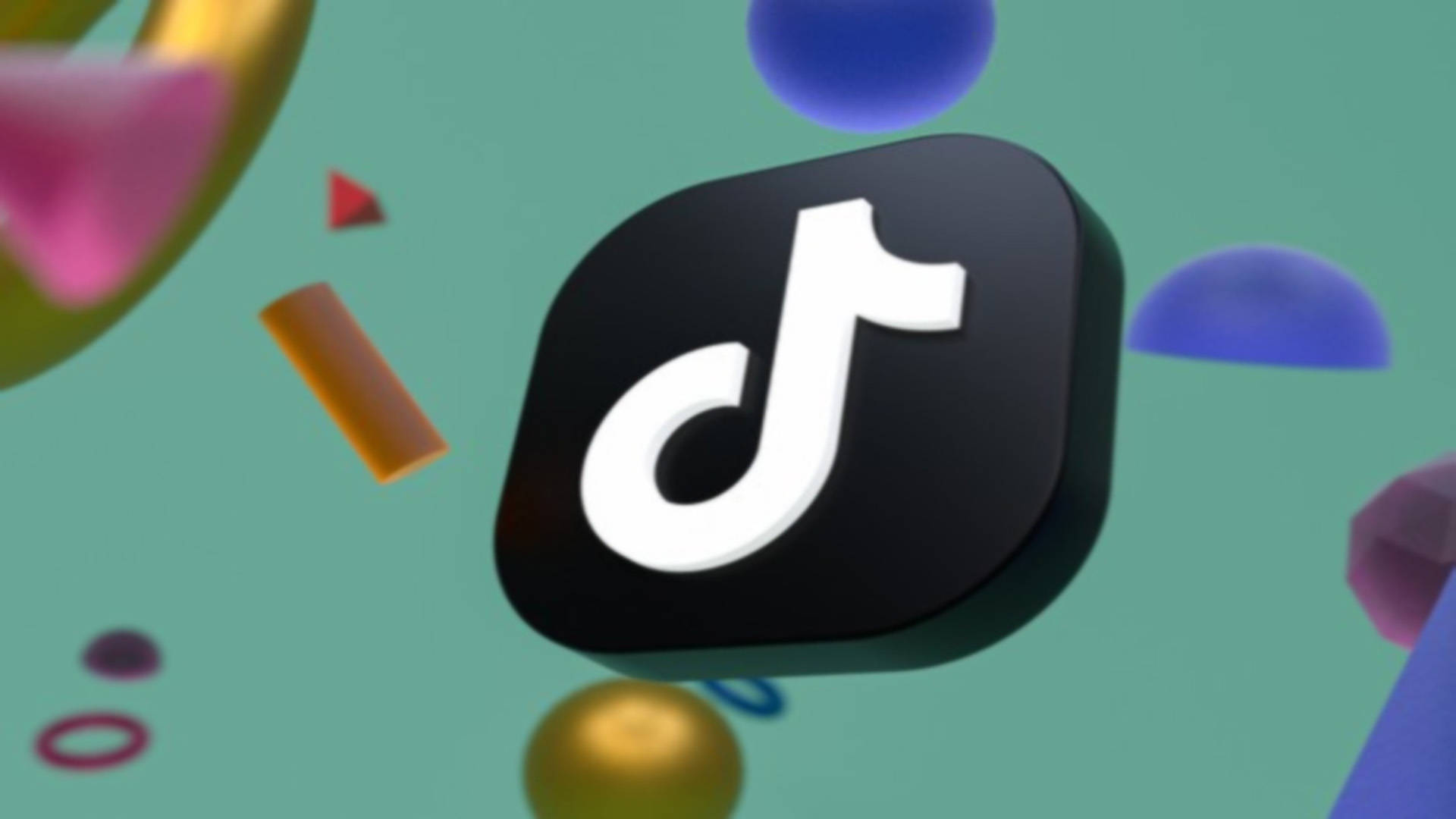 TikTok 動圖 桌布 壁紙 — TikTok 標誌居中於浮動彩色 3d 幾何形狀之間，背景為青綠色。