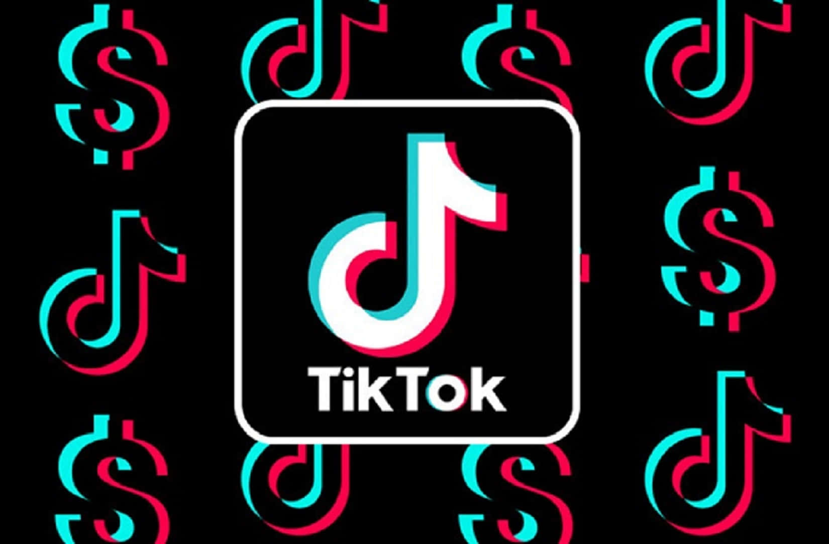 TikTok 動圖 桌布 壁紙 — TikTok 標誌居中於黑色背景上，周圍重複出現紅色和青色的美元符號。