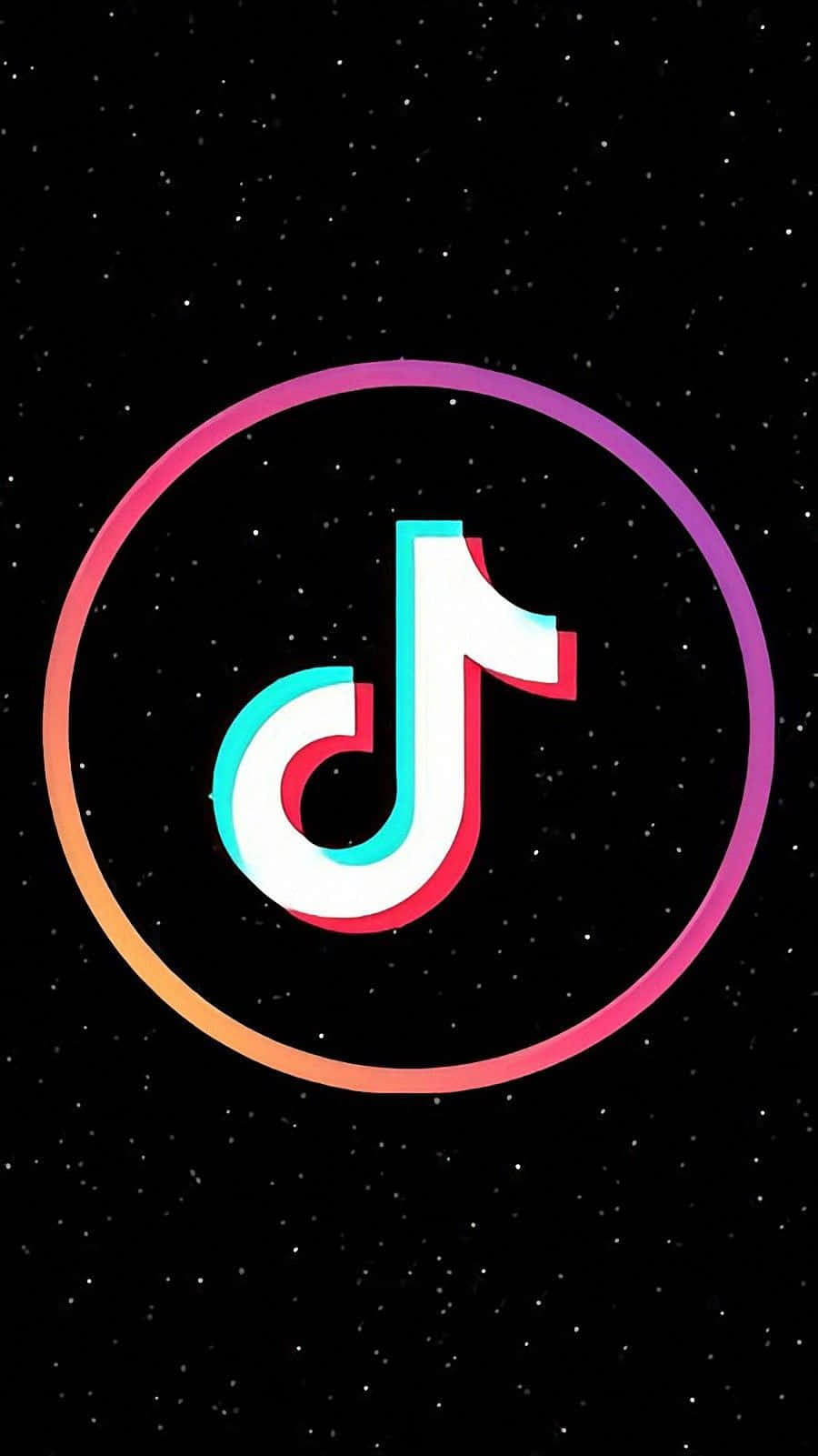Tik Tok 桌布 壁紙 — TikTok 標誌帶有彩虹漸層環，漂浮在星空黑色背景上。