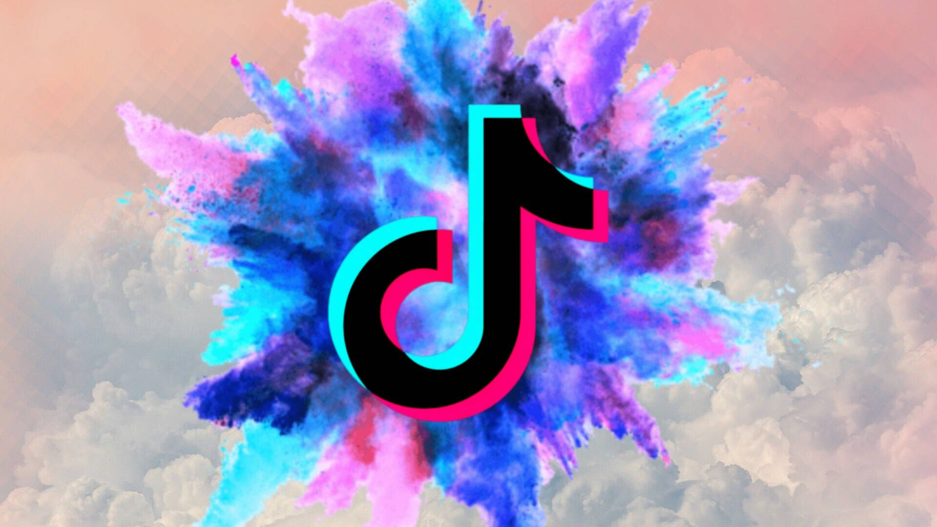 TikTok 動圖 桌布 壁紙 — TikTok 標誌從充滿活力的藍色和粉紅色粉末爆炸中衝出，背景是陰天。