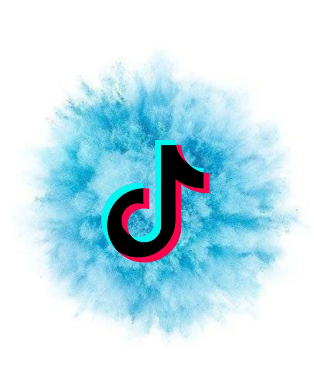 桌布 壁紙 — TikTok 標誌從鮮豔的藍色粉末爆炸中浮現，背景為純白色。