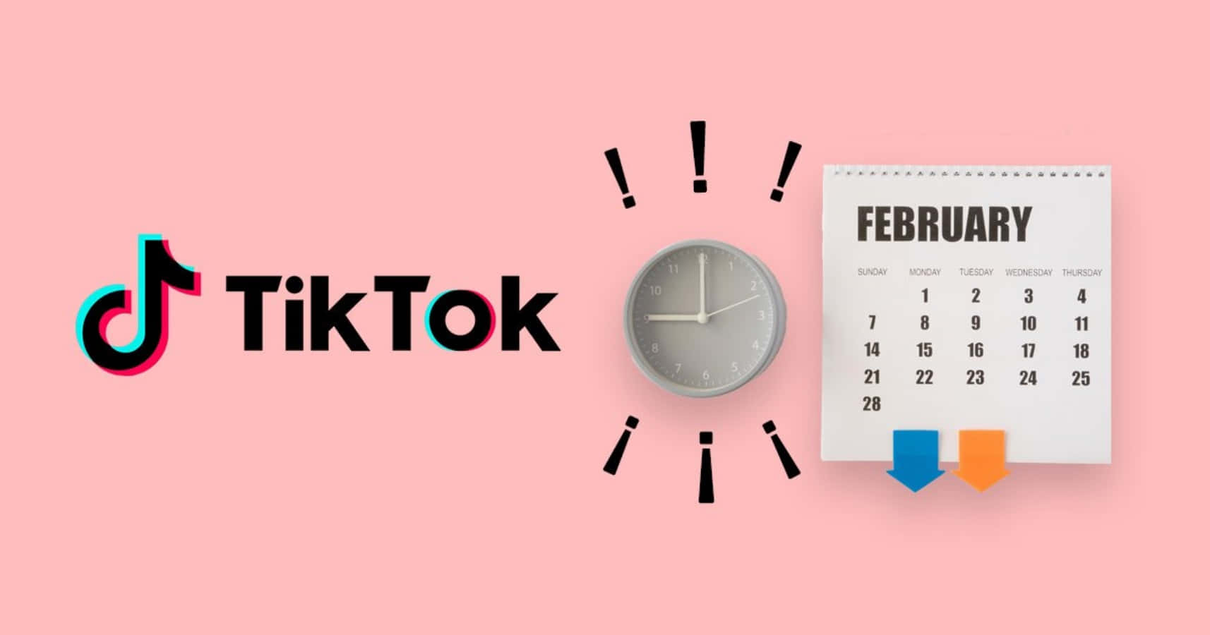 TikTok 動圖 桌布 壁紙 — TikTok 標誌旁邊有日曆和時鐘，帶有感嘆號，背景為粉紅色。