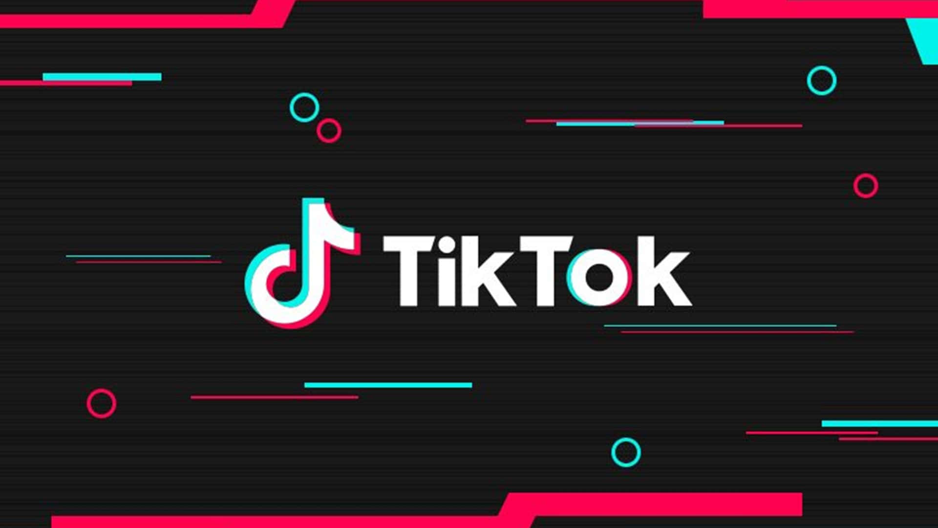 TikTok Logo 桌布 壁紙 — TikTok 標誌置中於黑色背景上，帶有發光的粉紅色和青色幾何線條和圓圈。